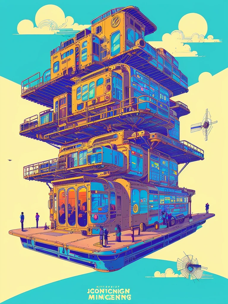 (art by Josan Gonzalez:1.2),concise,sharp image, rim light,((clean lines with simple and elegant color)),(steam punk:1.1), (mechanical punk:1.2),(monomer building),cargo box,(piping:0.5),windmill,poster, hdr,