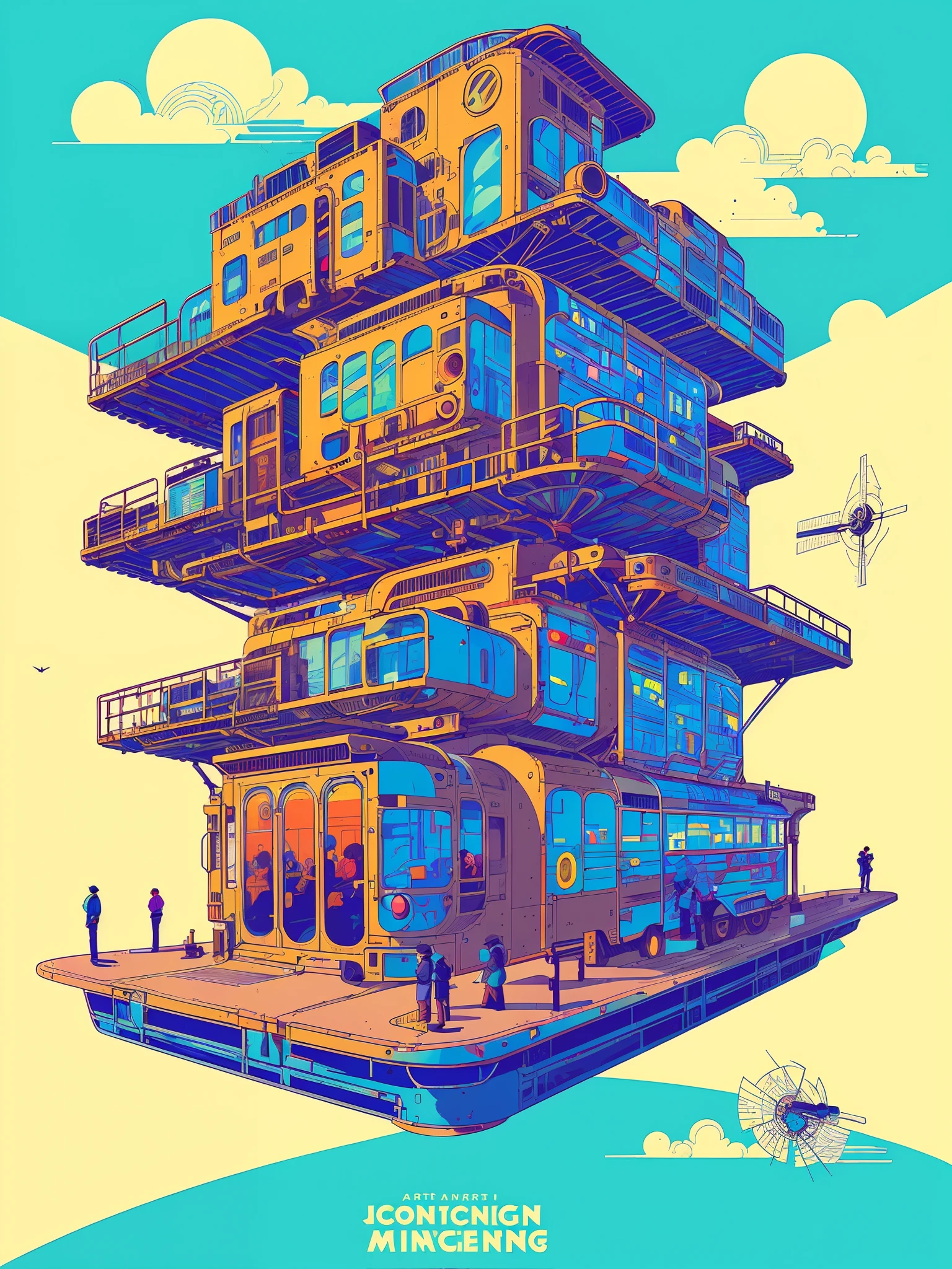 (art by Josan Gonzalez:1.2),concise,sharp image, rim light,((clean lines with simple and elegant color)),(steam punk:1.1), (mechanical punk:1.2),(monomer building),cargo box,(piping:0.5),windmill,poster, hdr,