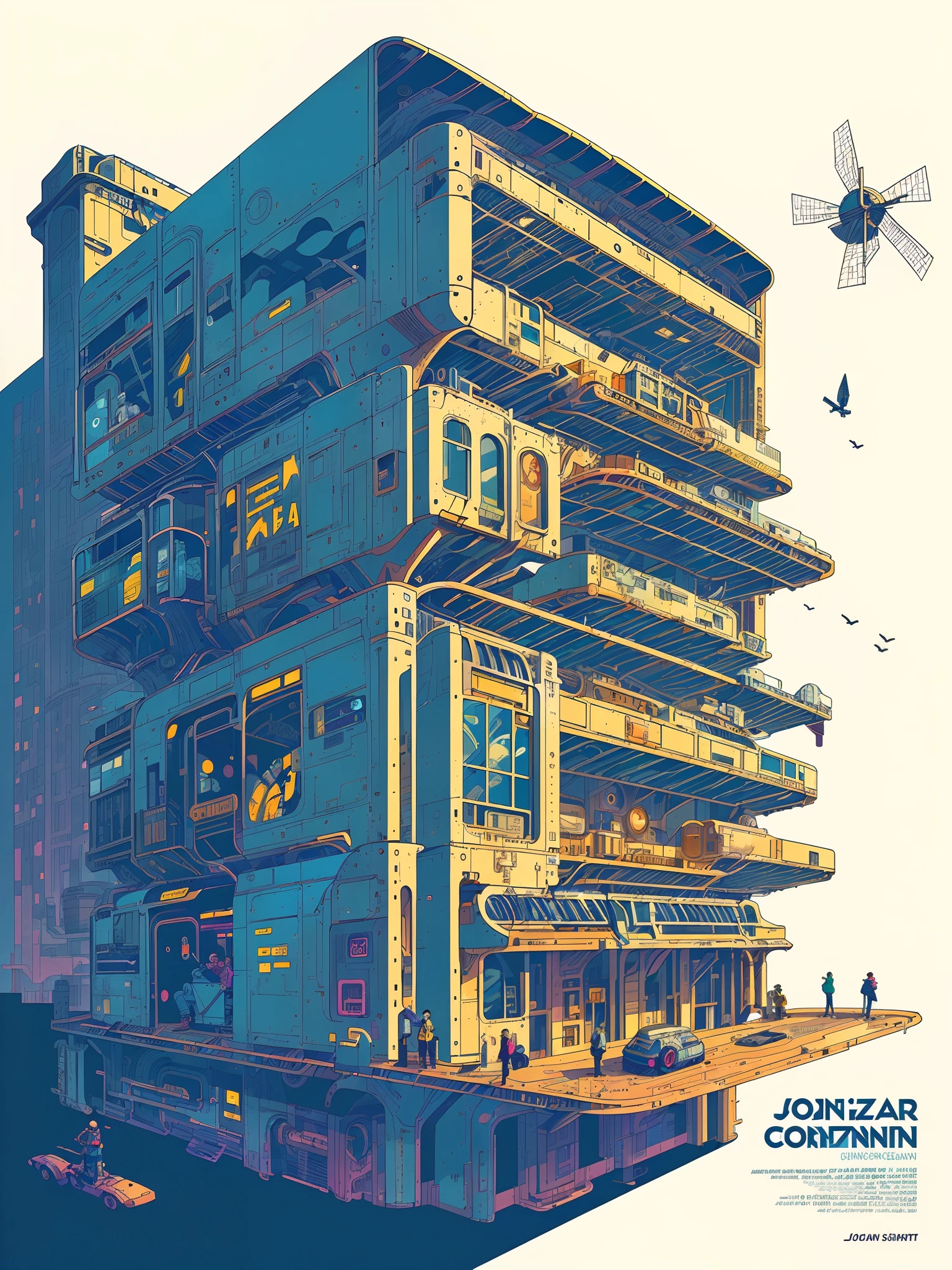 (art by Josan Gonzalez:1.2),concise,sharp image, rim light,((clean lines with simple and elegant color)),(steam punk:1.1), (mechanical punk:1.2),(one building:1.2),cargo box,(piping:0.5),windmill,poster, hdr,