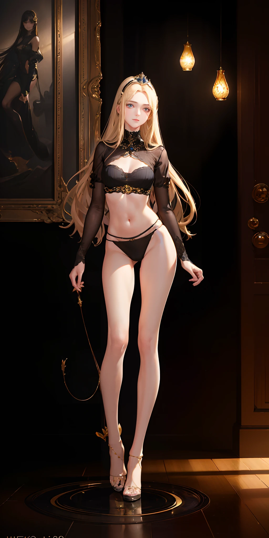 (photorealistic:1.4), (masterpiece, sidelighting, finely detailed beautiful eyes: 1.2), masterpiece*portrait, realistic, 3d face, glowing eyes, shiny hair, lustrous skin, solo, embarassed, (midriff), black underwear, blonde hair,very thin and long legs,noble,princess,shy