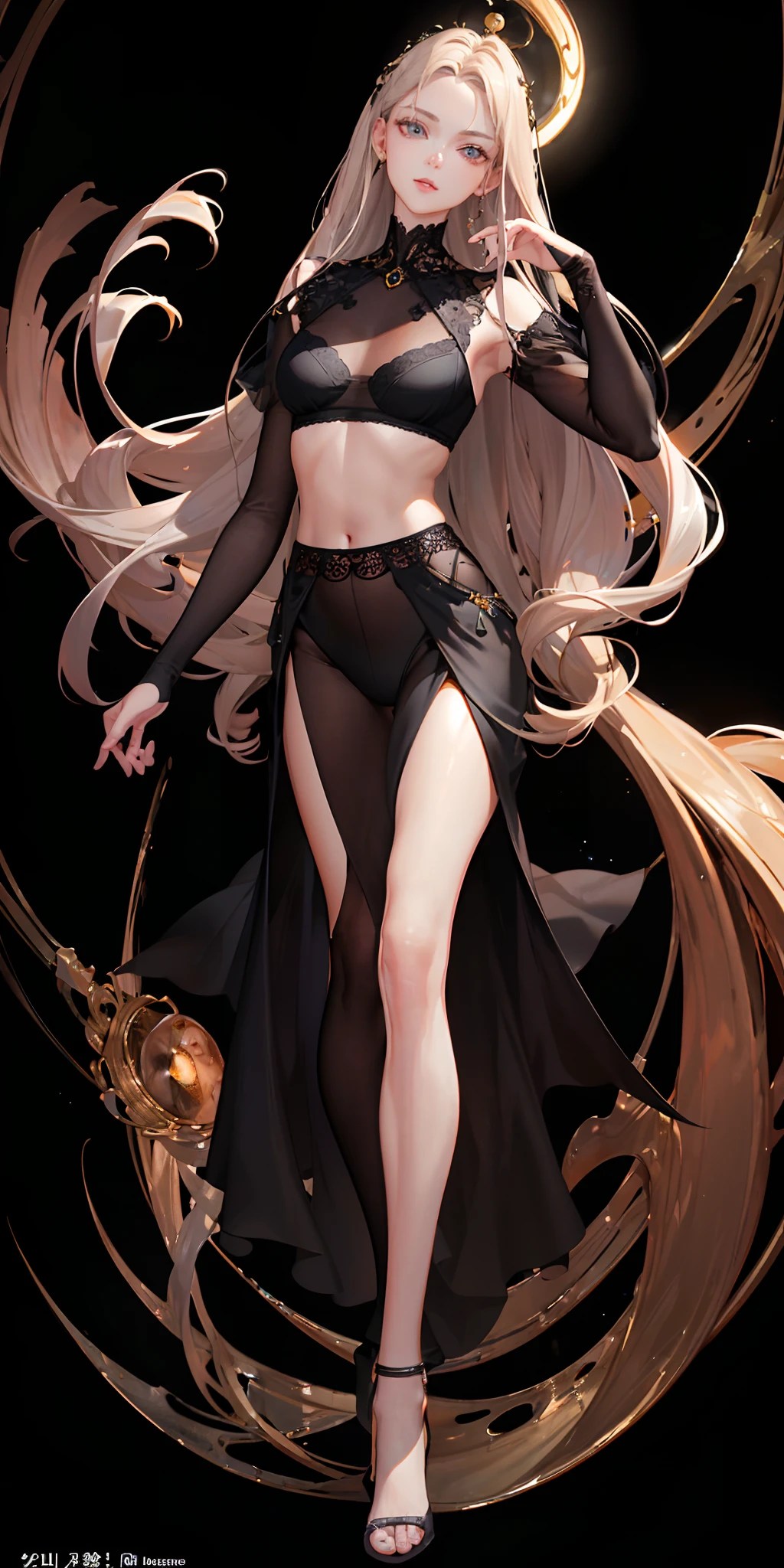 (photorealistic:1.4), (masterpiece, sidelighting, finely detailed beautiful eyes: 1.2), masterpiece*portrait, realistic, 3d face, glowing eyes, shiny hair, lustrous skin, solo, embarassed, (midriff), black underwear, orangr shot hair,very thin and long legs