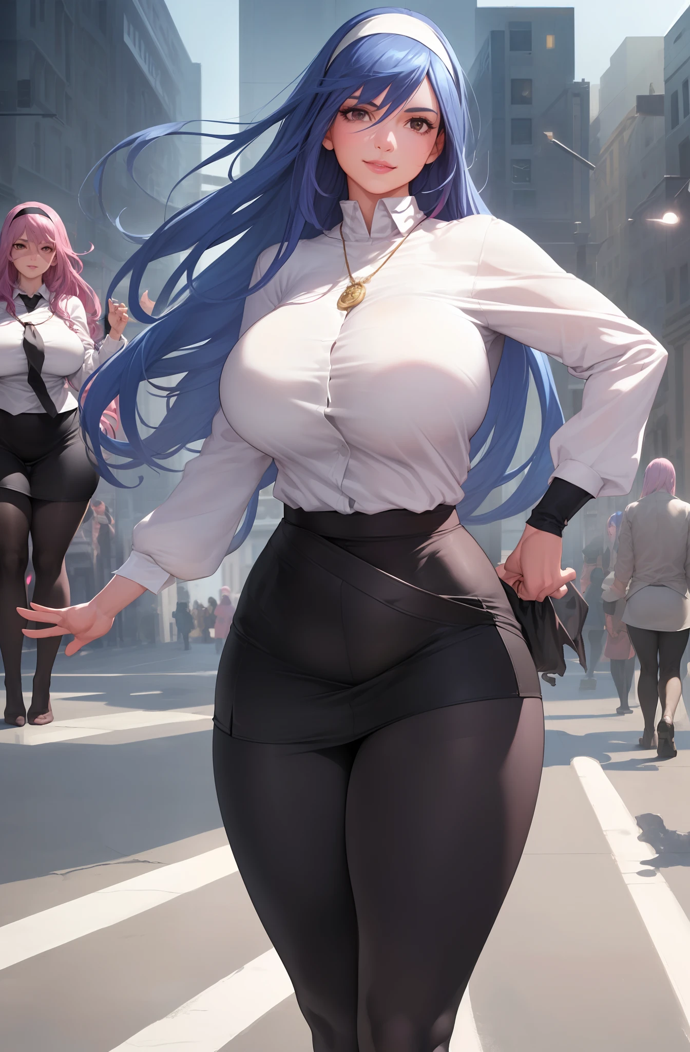 , (realistic :1.4), realistic, Octane render, (surreal :1.2), thick legs, wide hips, thick legs, dynamic pose, glossy skin, (Pink leg pants :1.3), thigh height, (realistic face :1.2), solo, (Huge breasts :1.5), thick eyelashes, long eyelashes, blue hair, headband, Arm band, necklace, (white long sleeved shirt, black wrap hip skirt, gauzy black pantyhose :1.3), best quality, 1 girl, (Beautiful background :1.3), outdoor, (Street :1.2), dynamic pose, multi-colored hair, striped hair, headband, headband, smile, parted lips, looking at the audience, clear focus, (8k), (masterpiece), (Best quality), fantasy, very detailed, complex, super detailed, (perfect face), illustration, soft lighting, (Mirror lighting :1.4), brown eyes, long wavy hair, strap, fair skin, naturally open fingers, Slightly rounded, 
