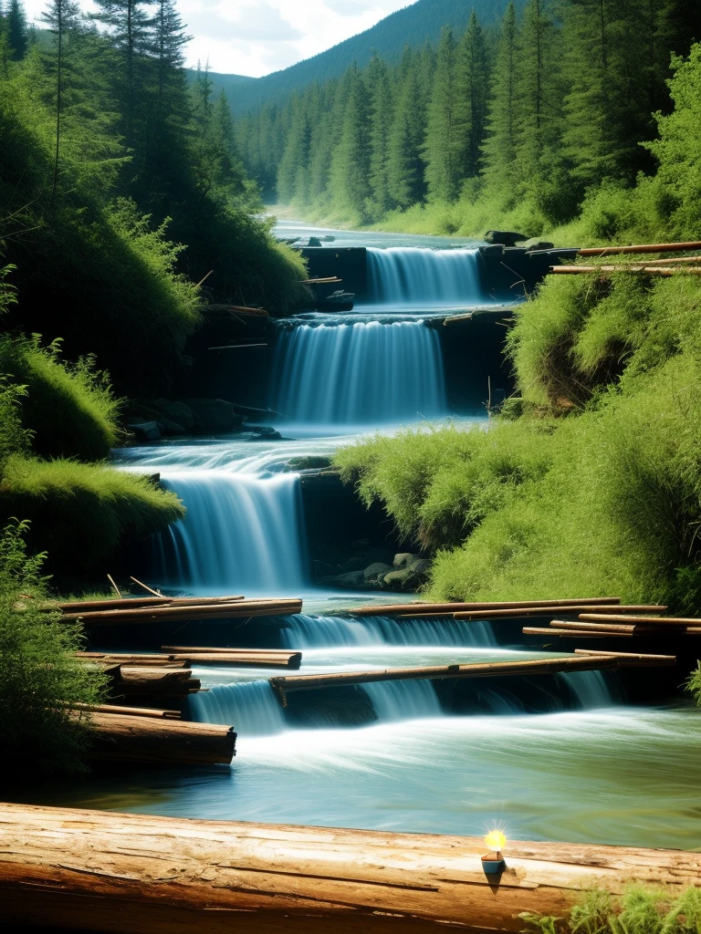 a river flowing through a landscape with a gap in the water flow representing an erasure error, and a helpful beaver placing a log (or glowing digital block) to restore the water flow, symbolizing the correction of the erasure error.