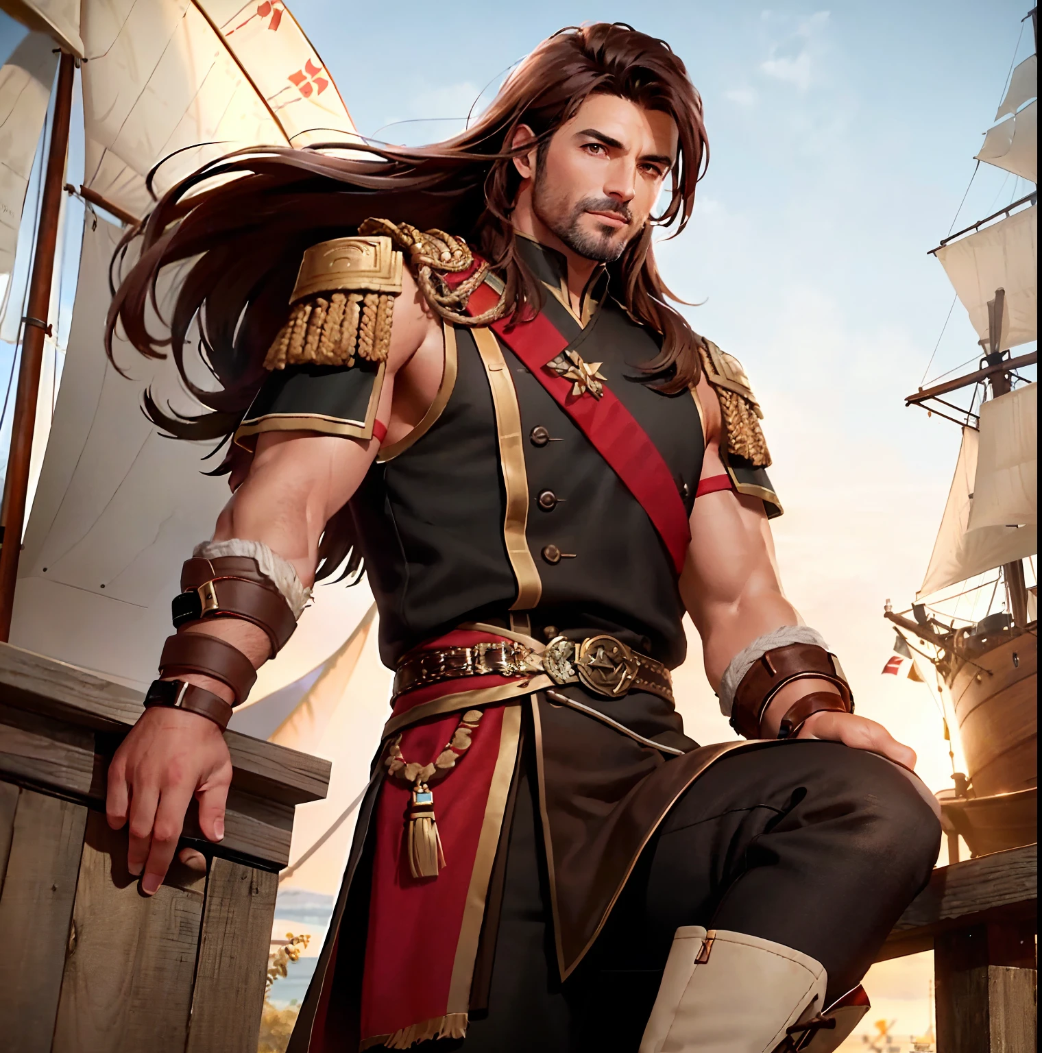 mature male, extremely muscular, brown eyes, shoulder-length brown hair, wearing tan greek evzonas with red detailing, tall black boots, bare legs, outdoors, wooden ships deck, 8k, Unreal engine, highly detailed, dramatic angle, no gold braid
