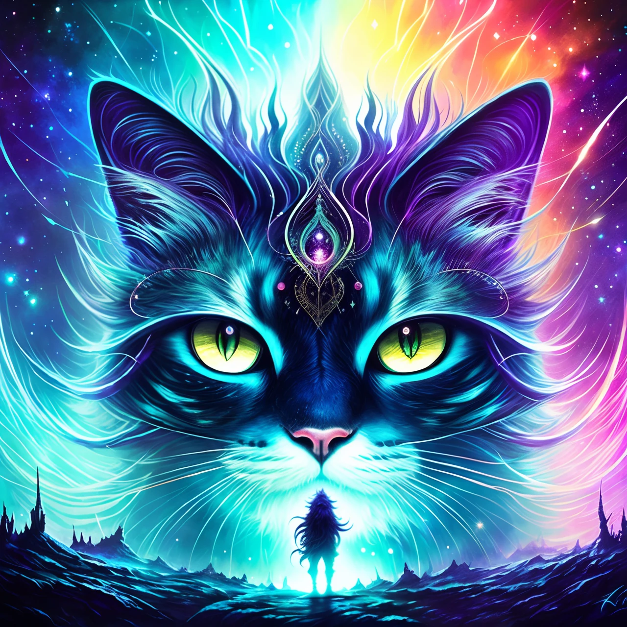 galactic cat with a lot of hair on it's head, third eye, staring at something in the distance, intricate details,  electric, fantasy art, Anato Finnstark, emulsion painting, highly detailed, misty
rutkowski, hdr, hyperdetailed, rim light, faded, dim，Background galactic ，star，