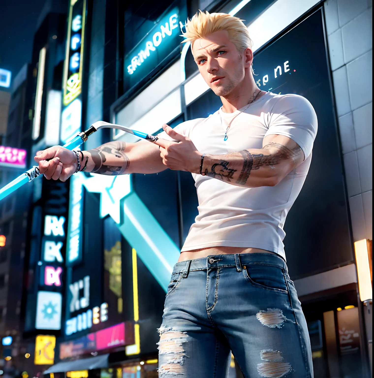 Outdoors, mature muscular white male, wearing white shirt open and blowing in wind; wearing blue jeans, blue eyes, full-body glowing blue tribal tattoos, blonde hair, holding staff, urban environment, night, neon signs, 8k, Unreal engine, highly detailed, photorealistic