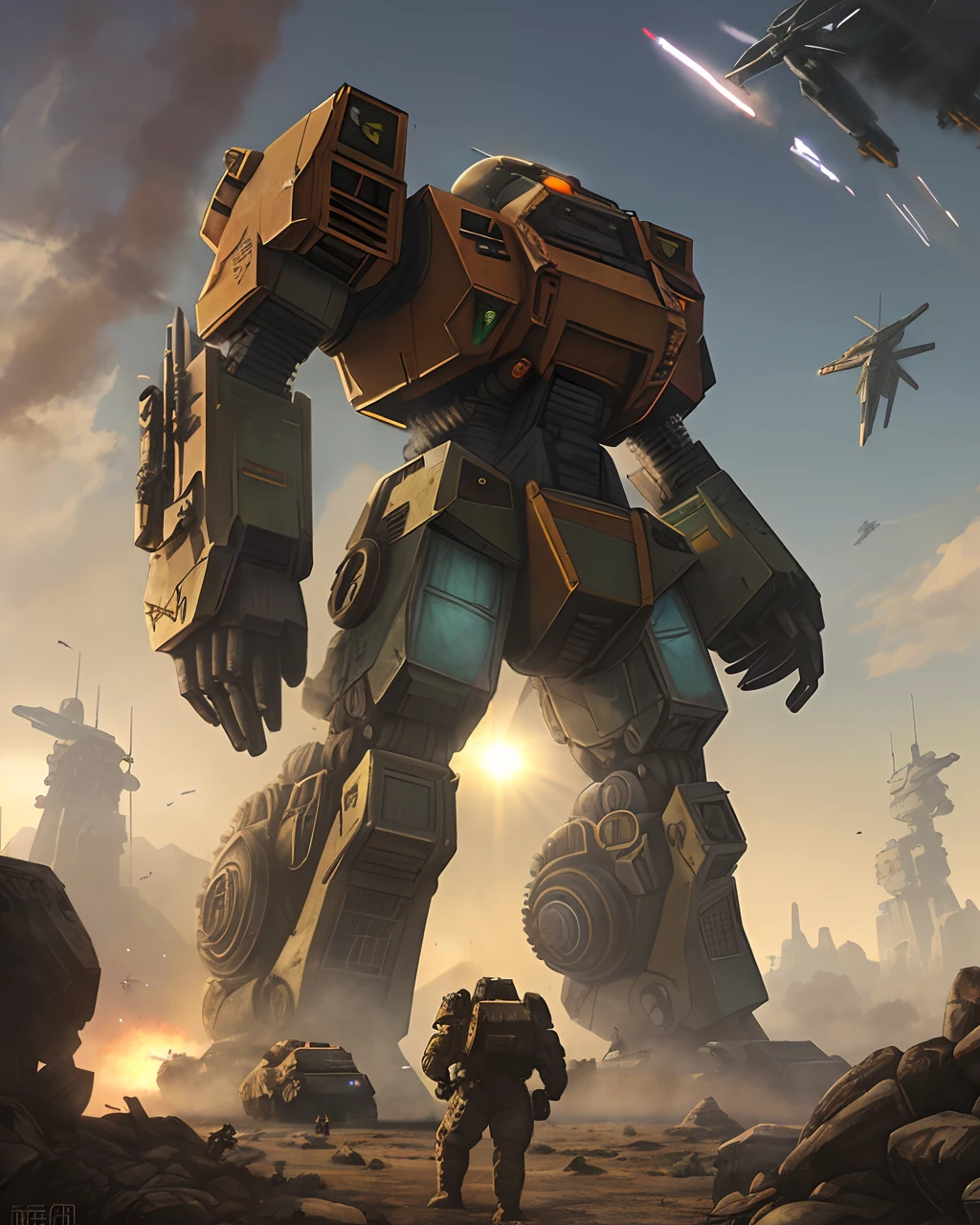 (Gigant MechWarrior):1.1, postst-Apocalyptic isometric sci-fi battlezone by Alejandro Bursido, red vegetation, sun rays, 8K UHD, Mucha perfect lighting, Artgerm, WLOP, Digital Illustration, Scenic, detailed, Hyperspace warrior, moon base, future war