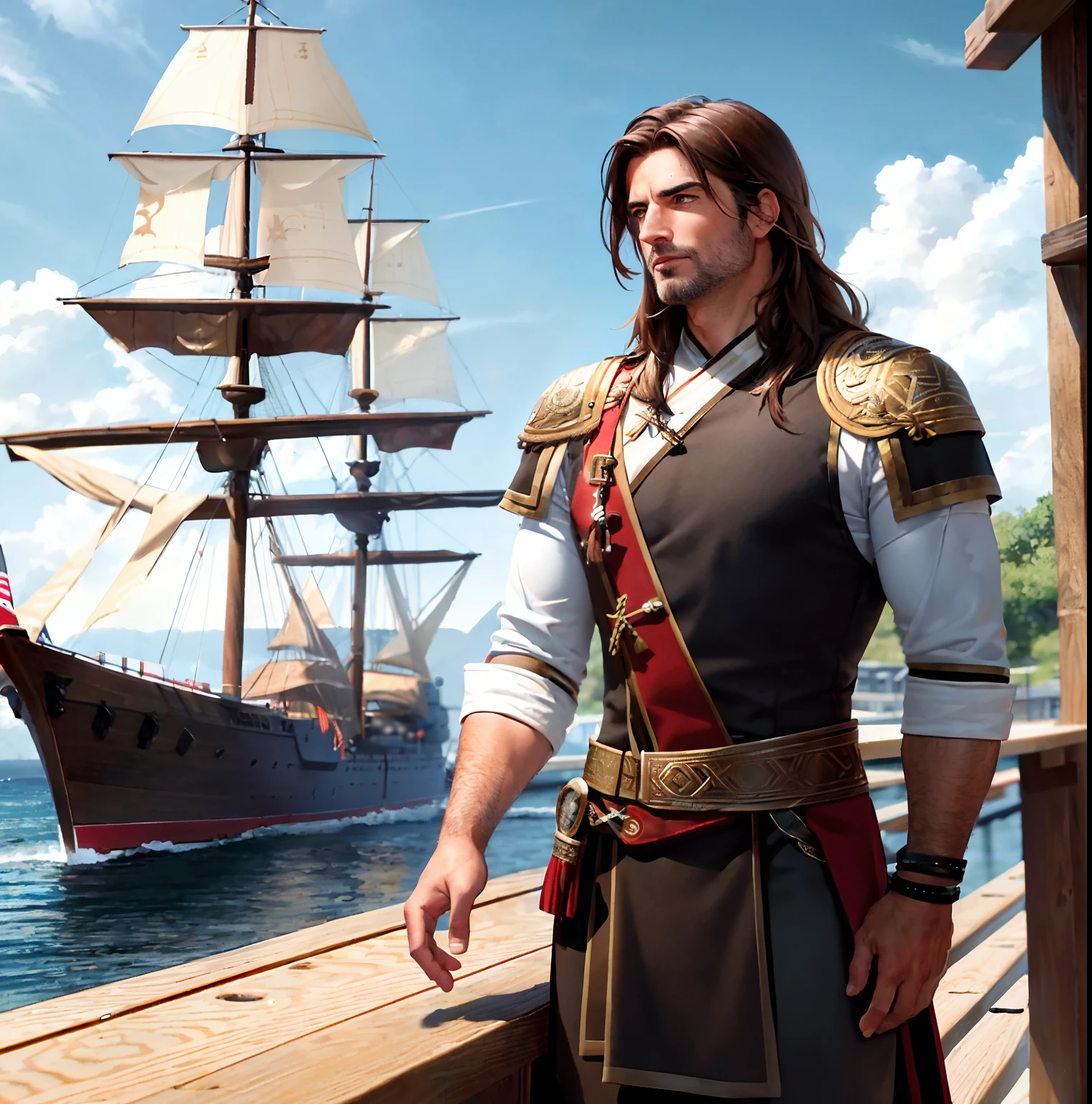mature male, extremely muscular, brown eyes, shoulder-length brown hair, wearing tan greek evzonas with red detailing, tall black boots, outdoors, wooden ships deck, 8k, Unreal engine, highly detailed, dramatic angle,