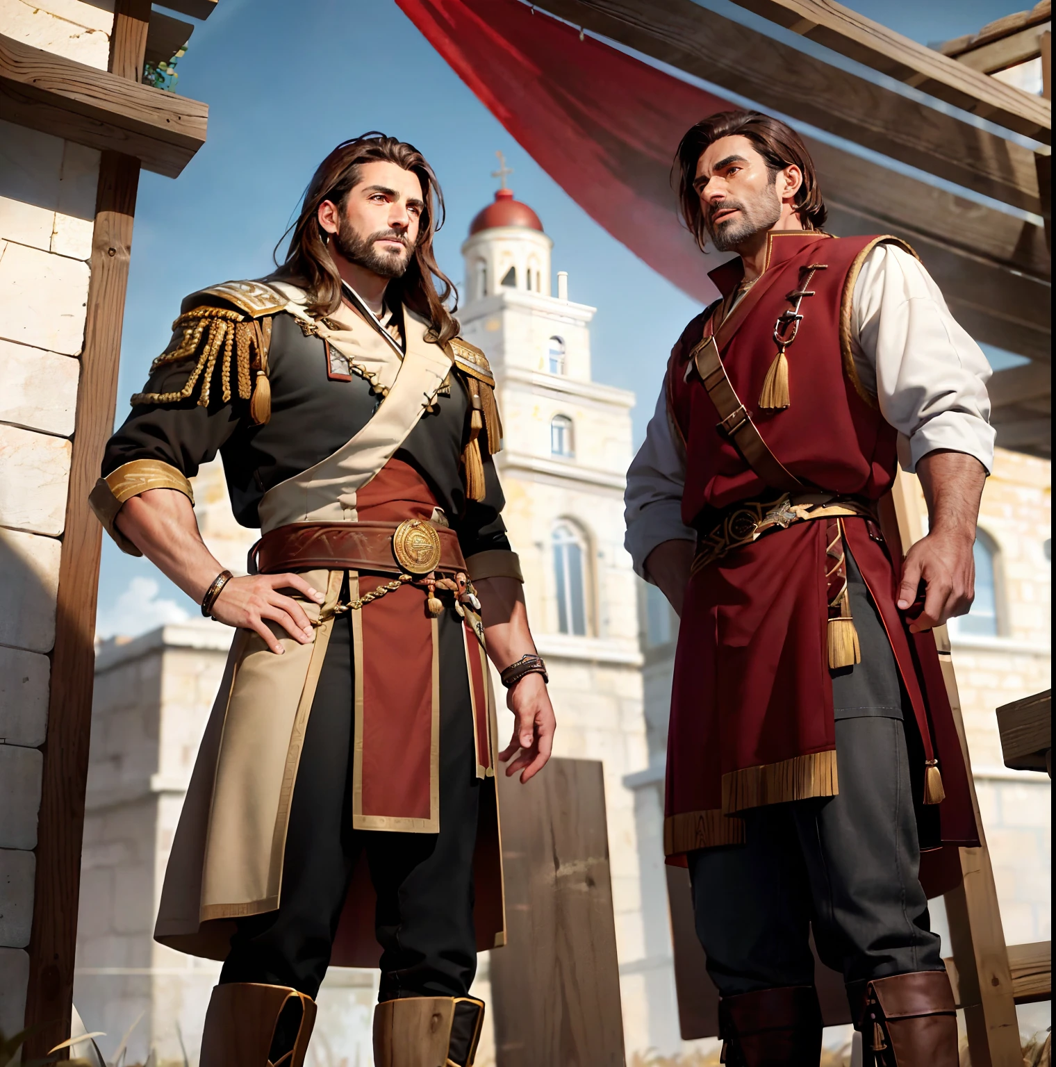 mature male, extremely muscular, brown eyes, shoulder-length brown hair, wearing tan greek evzonas with red detailing, tall black boots, outdoors, wooden ships deck, 8k, Unreal engine, highly detailed, dramatic angle,