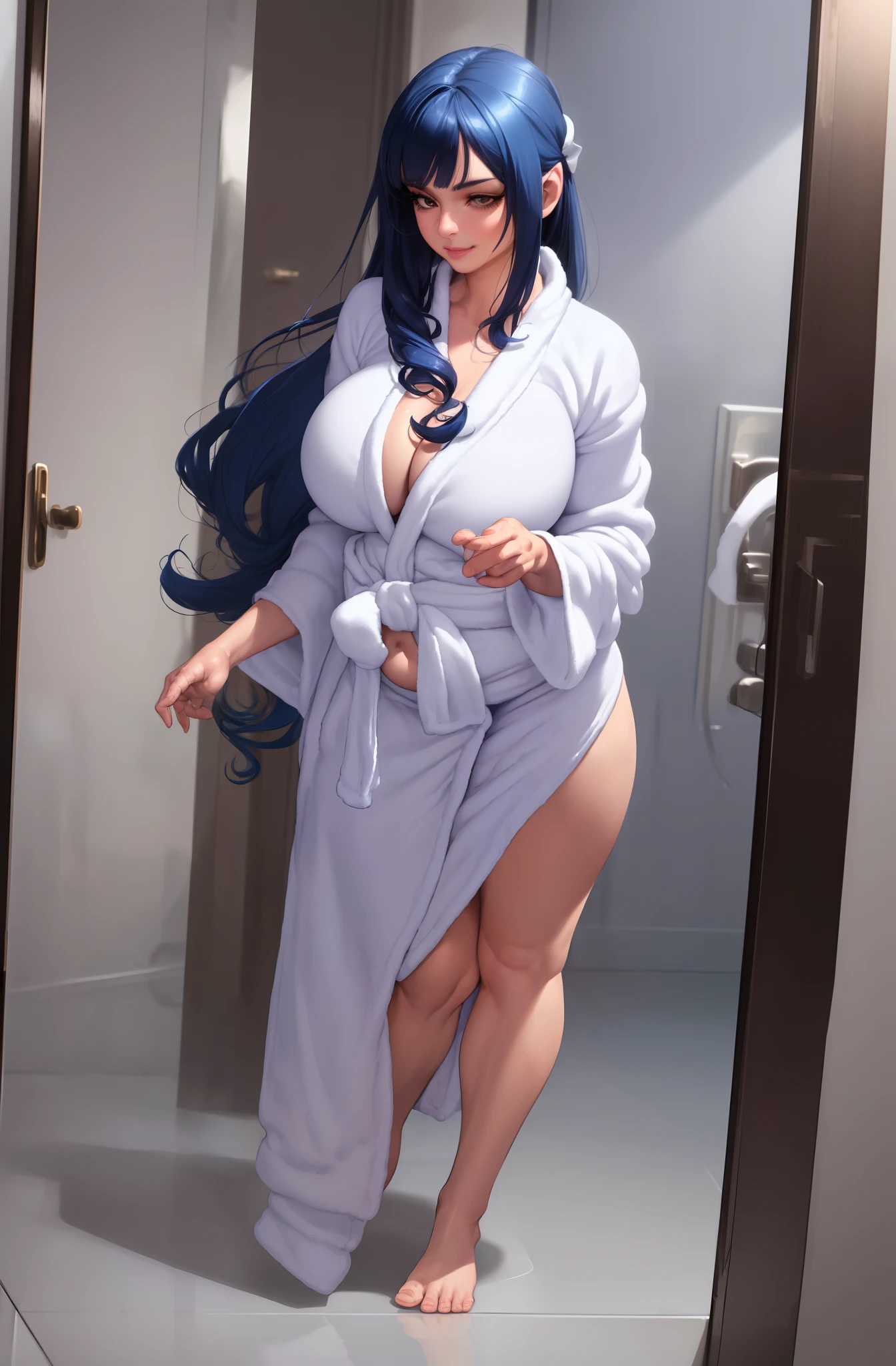 , (realistic :1.4), real, octane rendering, (surreal :1.2), thick legs, wide hips, dynamic pose, smooth skin, thigh height, (realistic face :1.2), solo, (huge bust :1.4), thick eyelashes, long eyelashes, blue hair, (belly button), (Long white bathrobe, No hair accessories :1.4), best quality, (Beautiful background :1.3), (bathroom door :1.2), dynamic pose, striped hair, long hair, happy smile, open lips, facing the audience, sculpted pose, clear focus, (masterpiece), (best quality), very detailed, complex, striped hair, super detailed, (perfect face), brown eyes, Long wavy hair, fair skin, slightly rounded