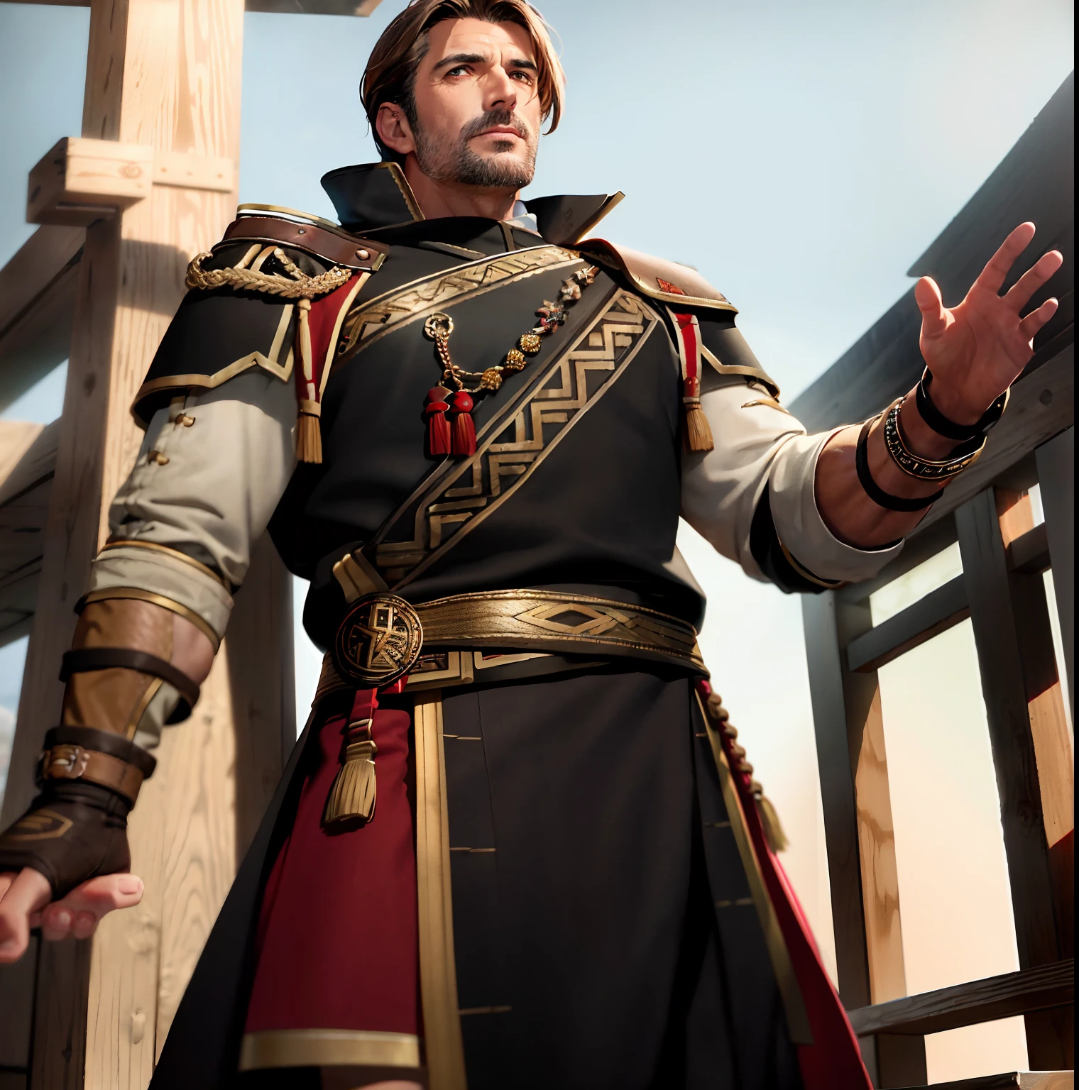 mature male, extremely muscular, brown eyes, shoulder-length brown hair, wearing tan greek evzonas with red detailing, tall black boots, outdoors, wooden ships deck, 8k, Unreal engine, highly detailed, dramatic angle,