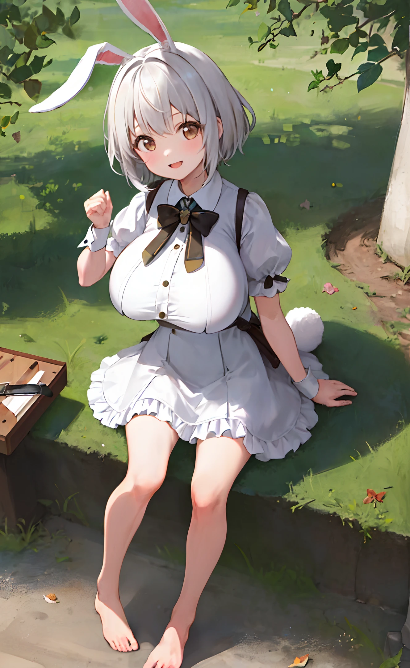 ((masterpiece,best quality)),1girl, solo, animal ears, rabbit, barefoot, knees up, dress, sitting, rabbit ears, short sleeves, looking at viewer, grass, short hair, smile, white hair, puffy sleeves, outdoors, puffy short sleeves, bangs, on ground, full body, animal, white dress, sunlight, brown eyes, dappled sunlight, day, depth of field, (big boobs:1.4)