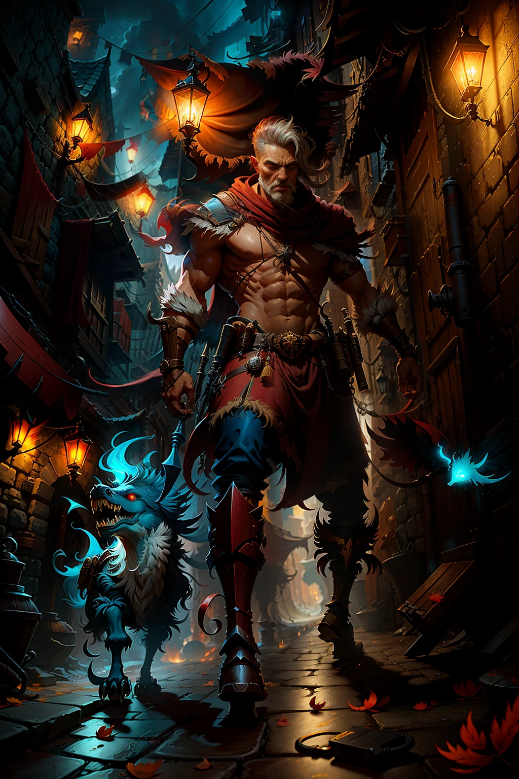 corsair,walking, alley,  digital painting, reality, soft, HD, 4K, red eyes