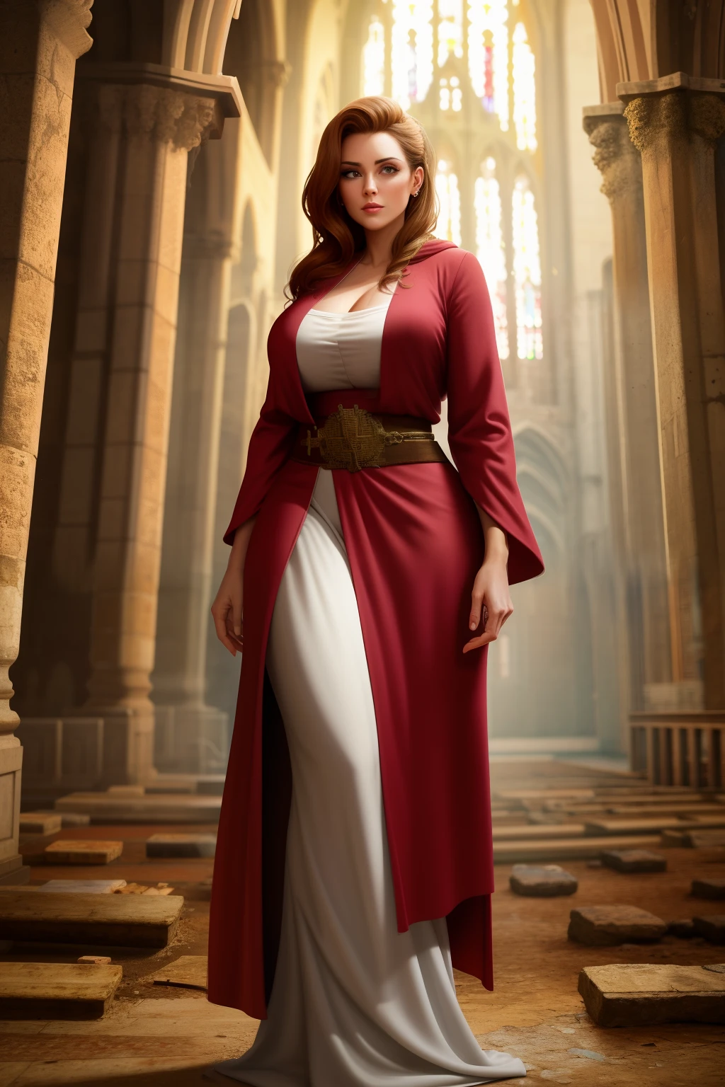 a woman in a robe standing in a abandoned church, detailed face, medieval, fantasy, thick legs, wide hips, 