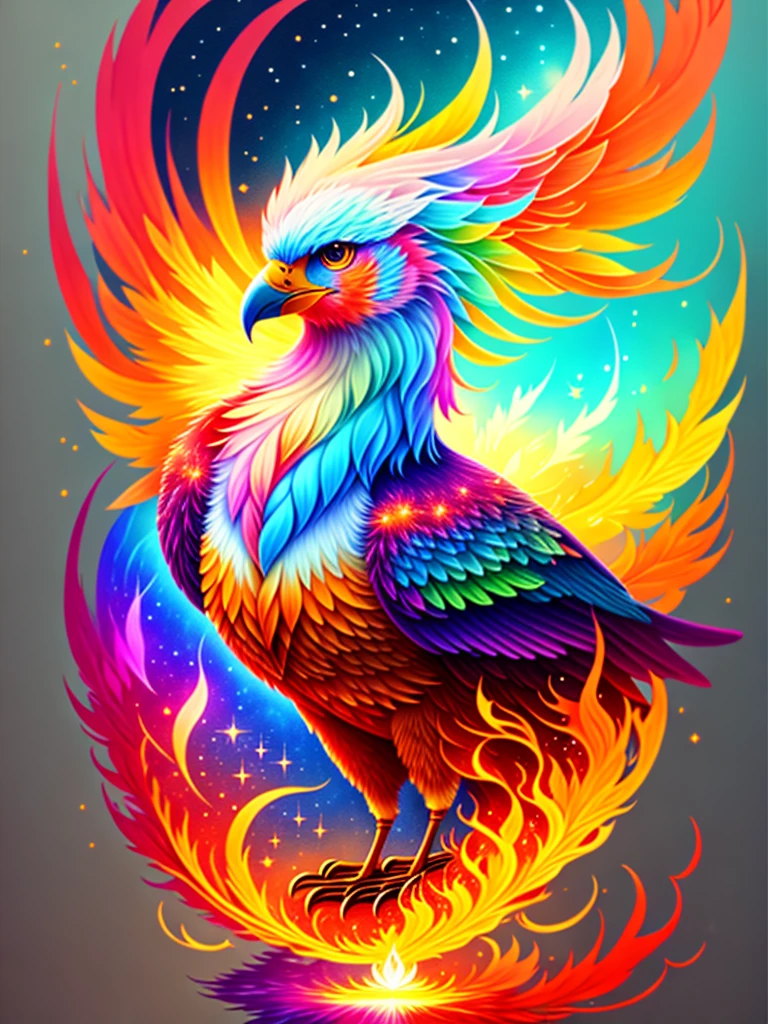 a painting of a colorful bird on a Great solar background, phoenix rising from the ashes, breathtaking render, within radiate connection, inspired by Kinuko Y. Craft, melting into vulpix, magical elements, white eagle icon, wow it is beautiful, casting a multi colored spell, bright flare, flare