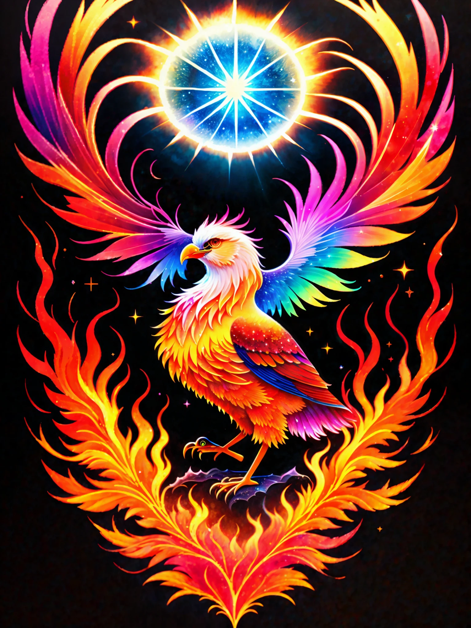 a painting of a colorful bird on a black background,There's a huge sun in the background, star,phoenix rising from the ashes, breathtaking render, within radiate connection, inspired by Kinuko Y. Craft, melting into vulpix, magical elements, white eagle icon, wow it is beautiful, casting a multi colored spell, bright flare, flare