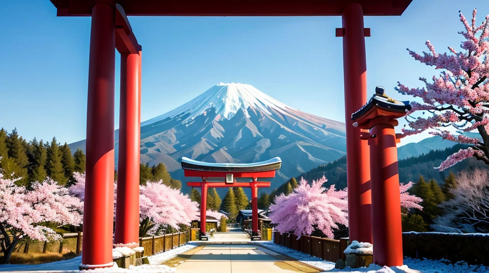 realistic,8K,high detail,high definition,Amidst the snow-covered mountain, a beautiful ancient Japanese torii gate stood tall before me, with the majestic Mount Fuji looming in the background. a cherry blossoms, which added a touch of pink to the serene and picturesque scenery. Red leaves fluttered down from the branches and swirled around me, as if they were guiding my way towards this peaceful oasis. With no one else around, only the sounds of nature and the silence of this ancient structure accompanied me, making it a place where time seemed to come to a standstill