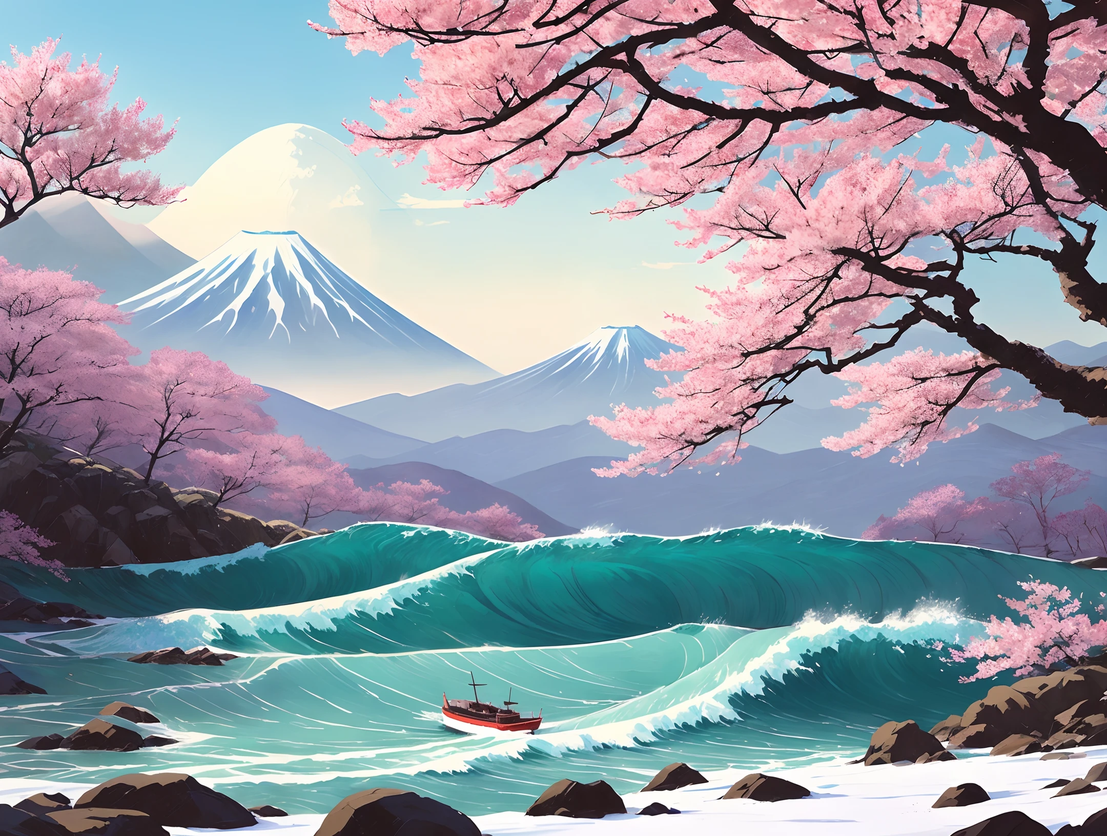 realistic,8K,high detail,high definition,Amidst the snow-covered mountain, a beautiful ancient Japanese torii gate stood tall before me, with the majestic Mount Fuji looming in the background. a cherry blossoms, which added a touch of pink to the serene and picturesque scenery. Red leaves fluttered down from the branches and swirled around me, as if they were guiding my way towards this peaceful oasis. With no one else around, only the sounds of nature and the silence of this ancient structure accompanied me, making it a place where time seemed to come to a standstill,on background painting of a wave with a boat in the middle of it and a sky background with clouds and mountains, (The Great Wave off Kanagawa),
sakura blossom on background,
(Atey Ghailan, by Jeremy Mann, Greg Manchess, Antonio Moro), trending on ArtStation, trending on CGSociety, Intricate, High Detail,
Sharp focus, dramatic, photorealistic painting art by midjourney and ((greg rutkowski)), bokeh on background, by (Katsushika Hokusai)