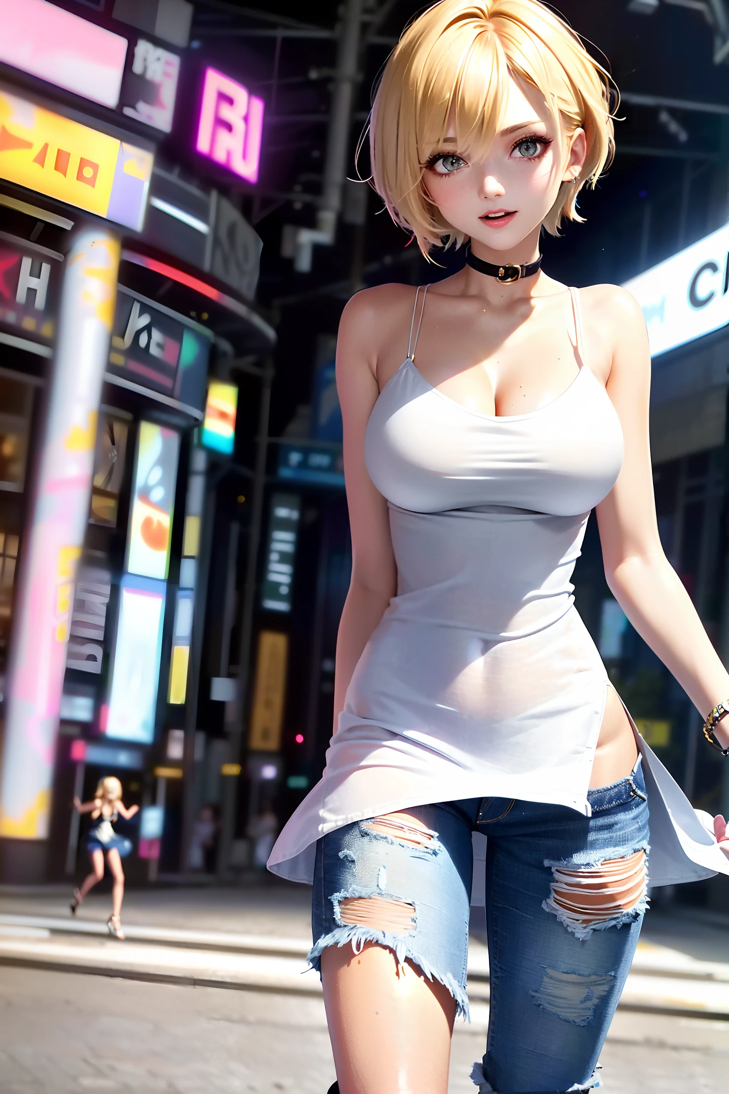 1 girl, large breast(realistic style, vibrant colors), dynamic and playful, in the bustling center of the city, (tomboy girl:1.3) wearing a fashionable (slip dress:1.2 and short jeans:1.5) combination, (short blonde hair:1.2) styled in a chic way, wearing a (peaked cap:0.9) for extra cool points.