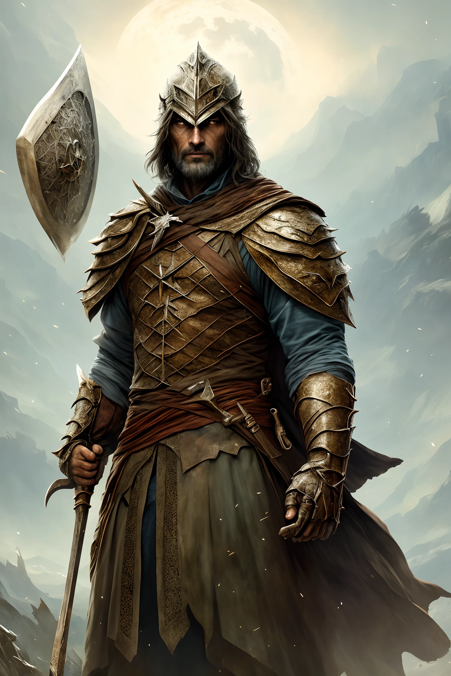 (realistic:1.3), model shot,(intricate details:1.15),painting \(artwork\), ((masterpiece,best quality)), ((cinematic light)),aragorn,Strider,  scary, dark fantasy \(style\), detailed armor,detailed hood, detailed face,detailed eyes, detailed background,Qi Baishi, Wu Guanzhong,Zhang Kechun
depicted as a tall man, blatant, holding a giant axe, and his body is wrapped in chaos. His body is black, symbolizing the darkness and infinity of chaos, while the giant axe he holds is white and strangely shaped, symbolizing the power of life, and at Pangu's feet, a huge turtle can be seen, representing the shape of the earth. In the sky, celestial bodies such as the sun, moon, and stars appeared,Extremely close-up,epic ink-curved shot headshot close-up, POV perspective,first person, exaggerated perspective, amazing
mornent,riD,32K, Qi Baishi, Wu Guanzhong,Zhang Kechun --ar 3:4 --niji 5 --q 2 --style expressive --s 1000--v 5