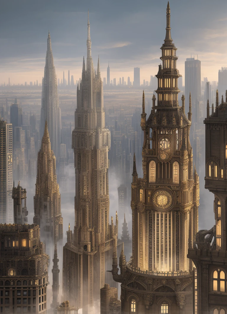 A breathtakingly intricate steam-punk metropolis with towering skyscrapers adorned with gears and pipes. The overcast sky is almost completely obscured by the densely packed buildings, their roofs lined with massive chimneys belching out grey plumes of smoke.