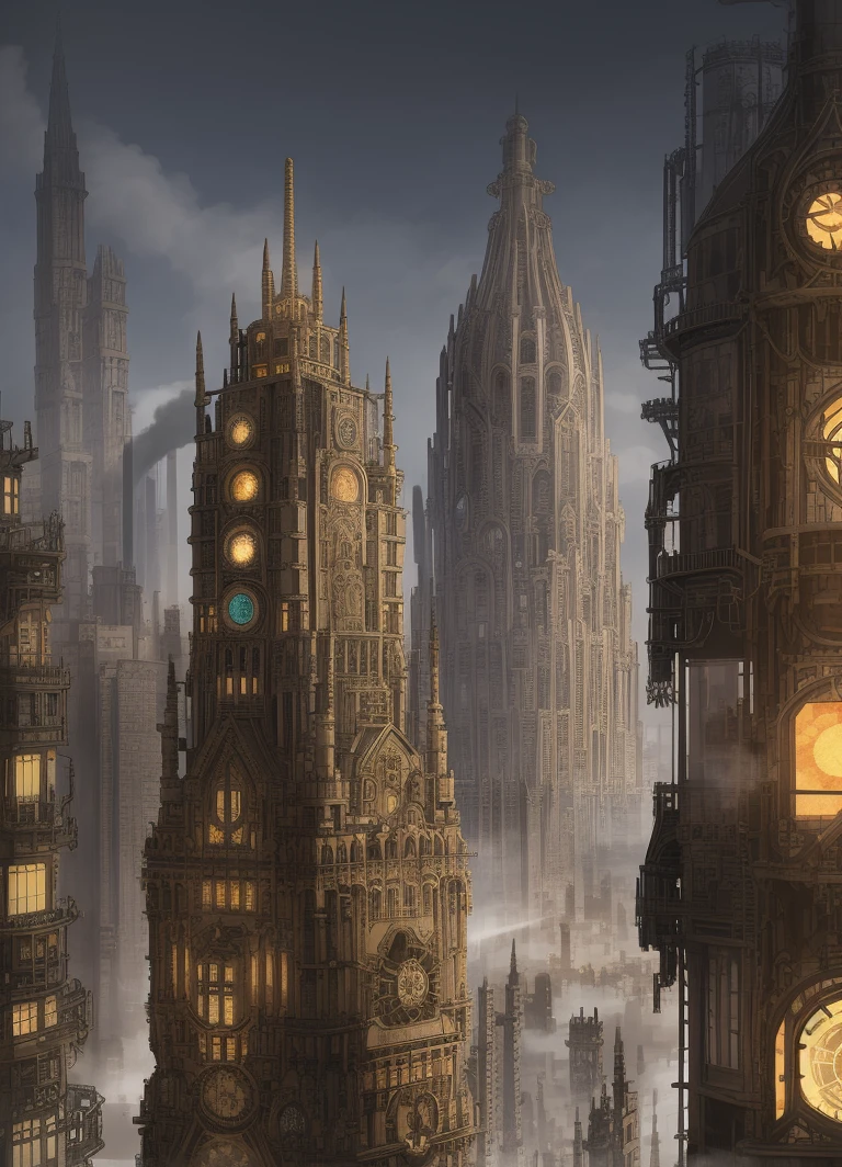A breathtakingly intricate steam-punk metropolis with towering skyscrapers adorned with gears and pipes. The overcast sky is almost completely obscured by the densely packed buildings, their roofs lined with massive chimneys belching out grey plumes of smoke.(((Densely packed buildings)))