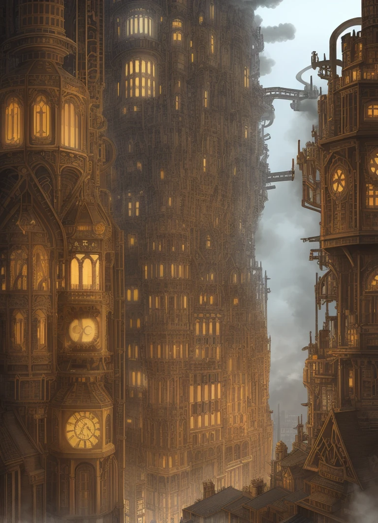 A breathtakingly intricate steam-punk metropolis with towering skyscrapers adorned with gears and pipes. The overcast sky is almost completely obscured by the densely packed buildings, their roofs lined with massive chimneys belching out grey plumes of smoke.(((Densely packed buildings)))