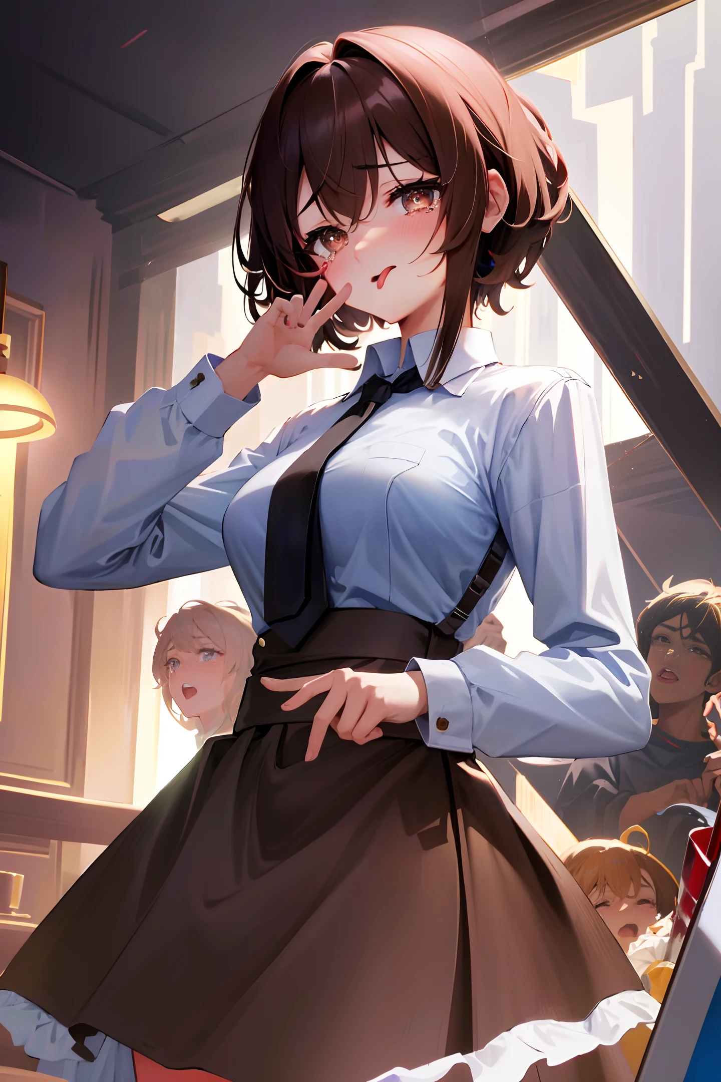 (sfw), (masterpiece:1.2), best quality, masterpiece, highres, original, extremely detailed wallpaper, (ultra-detailed), (best illustration), (best shadow), (Kobeni), big breasts, perky breasts, (white collared shirt), (blood stain:1.1), (horrified:1.2), (black necktie), (shirt stain), (stained), 1girl, looking at viewer, (scared:1.2), (tears:1.1), (brown eyes), (peace sign),tongue out, tongue, heart-shaped pupils