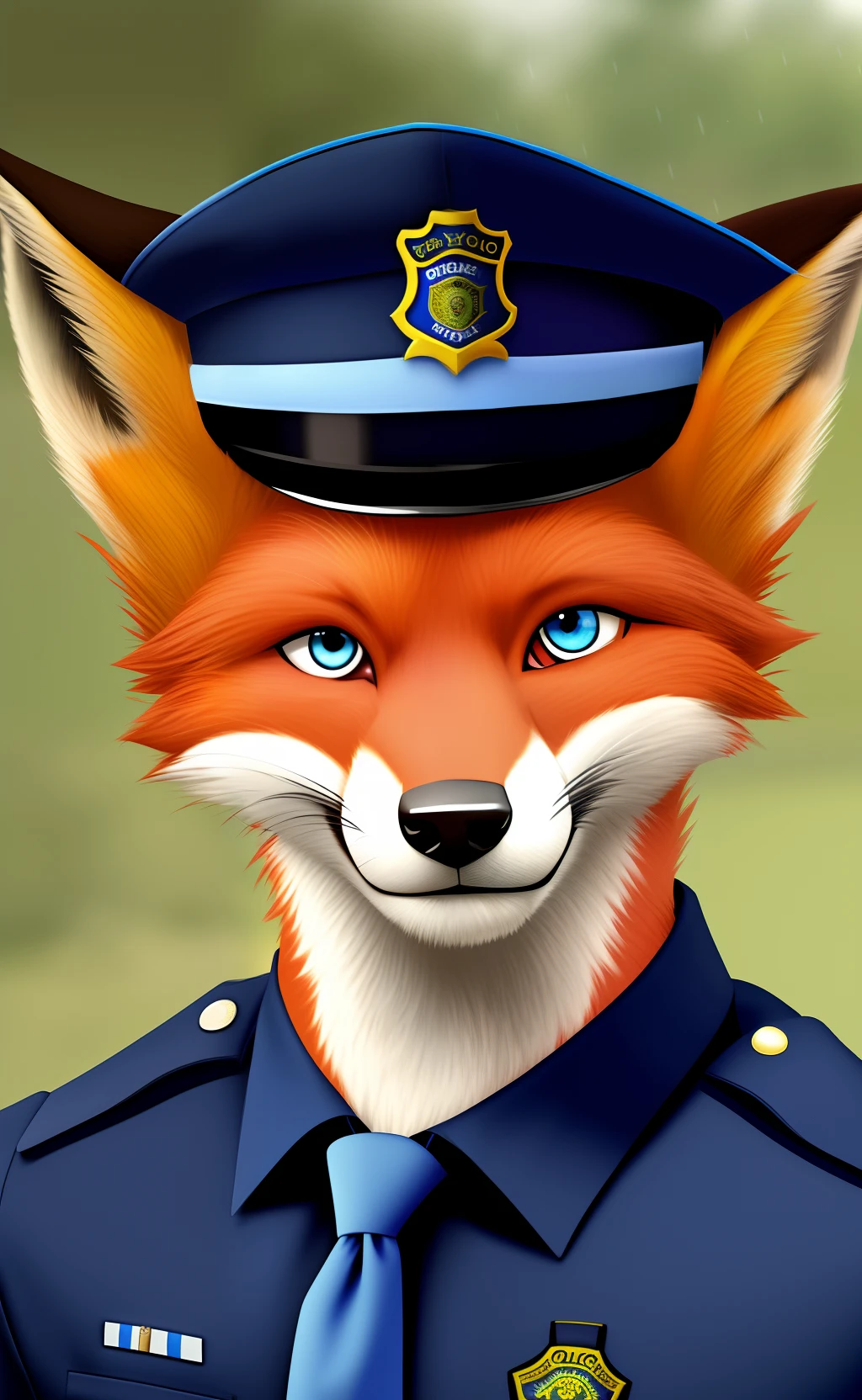 furry, fox, mammal, solo, clothing, blue eyes, raining, anthro, male, police uniform, police hat, portrait, hi res, canine, fur, topwear, brown body, realistic