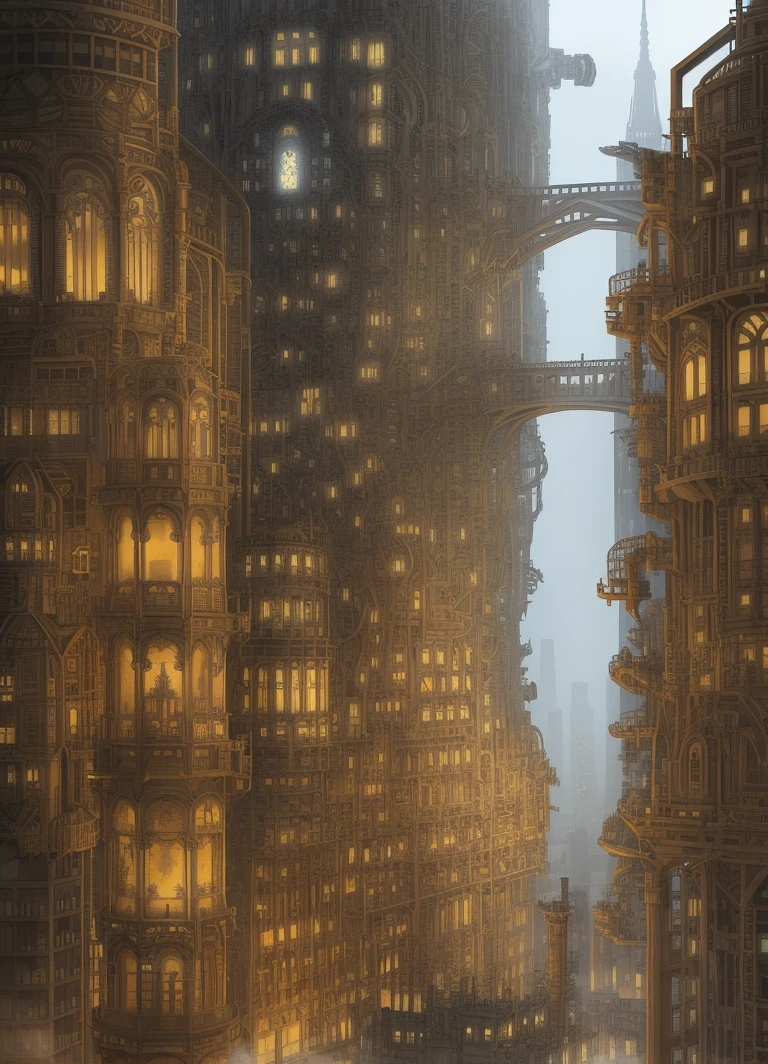 A breathtakingly intricate steam-punk metropolis with towering skyscrapers adorned with gears and pipes. The overcast sky is almost completely obscured by the densely packed buildings, their roofs lined with massive chimneys belching out grey plumes of smoke.(((Densely packed buildings))),Exposed gears and pipes