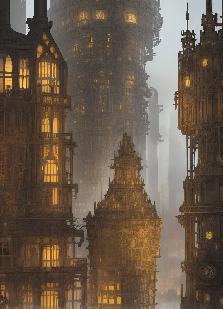 A breathtakingly intricate steam-punk metropolis with towering skyscrapers adorned with gears and pipes. The overcast sky is almost completely obscured by the densely packed buildings, their roofs lined with massive chimneys belching out grey plumes of smoke.(((Densely packed buildings))),Exposed gears and pipes,(((Dim light)))