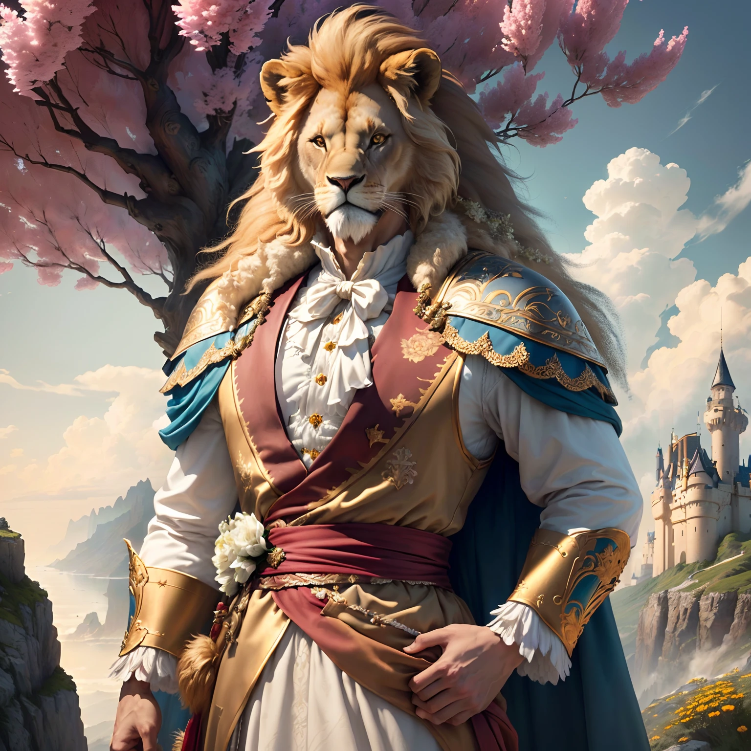 A furry lion man dressed as a prince standing on a cliff with flowers behind him, cloulds in the sky, high detail, castle, masterpiece, (HDR)(wallpaper)(movie lighting)(sharp focus), masterpiece, best quality, (extremely detailed CG unity 8k wallpaper), (best quality)