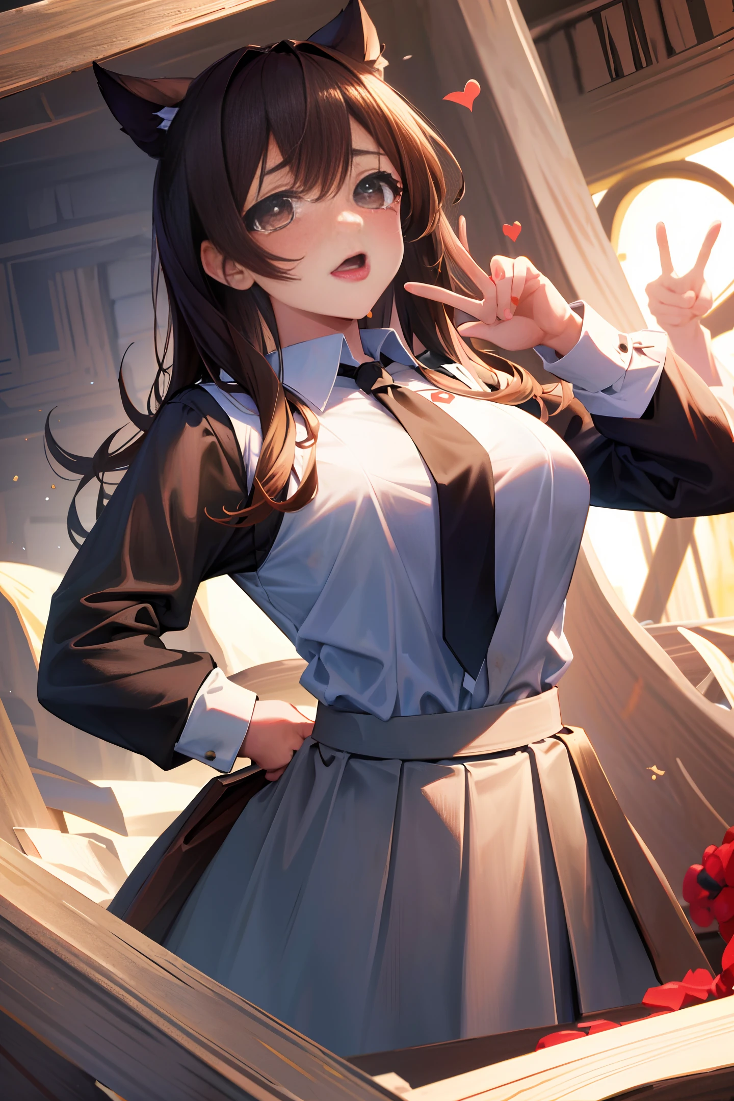 (sfw), (masterpiece:1.2), best quality, masterpiece, highres, original, extremely detailed wallpaper, (ultra-detailed), (best illustration), (best shadow), (Kobeni), big breasts, perky breasts, (white collared shirt), (blood stain:1.1), (horrified:1.2), (black necktie), (shirt stain), (stained), 1girl, looking at viewer, (scared:1.2), (tears:1.1), (brown eyes), (peace sign),tongue out, tongue, heart-shaped pupils