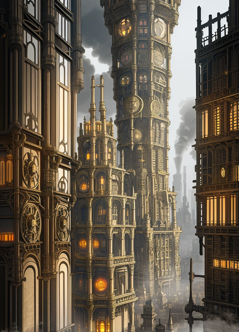 A breathtakingly intricate steam-punk metropolis with towering skyscrapers adorned with gears and pipes. The overcast sky is almost completely obscured by the densely packed buildings, their roofs lined with massive chimneys belching out grey plumes of smoke.(((densely packed buildings))),Exposed gears and pipes,(((dim light))),submerged ground