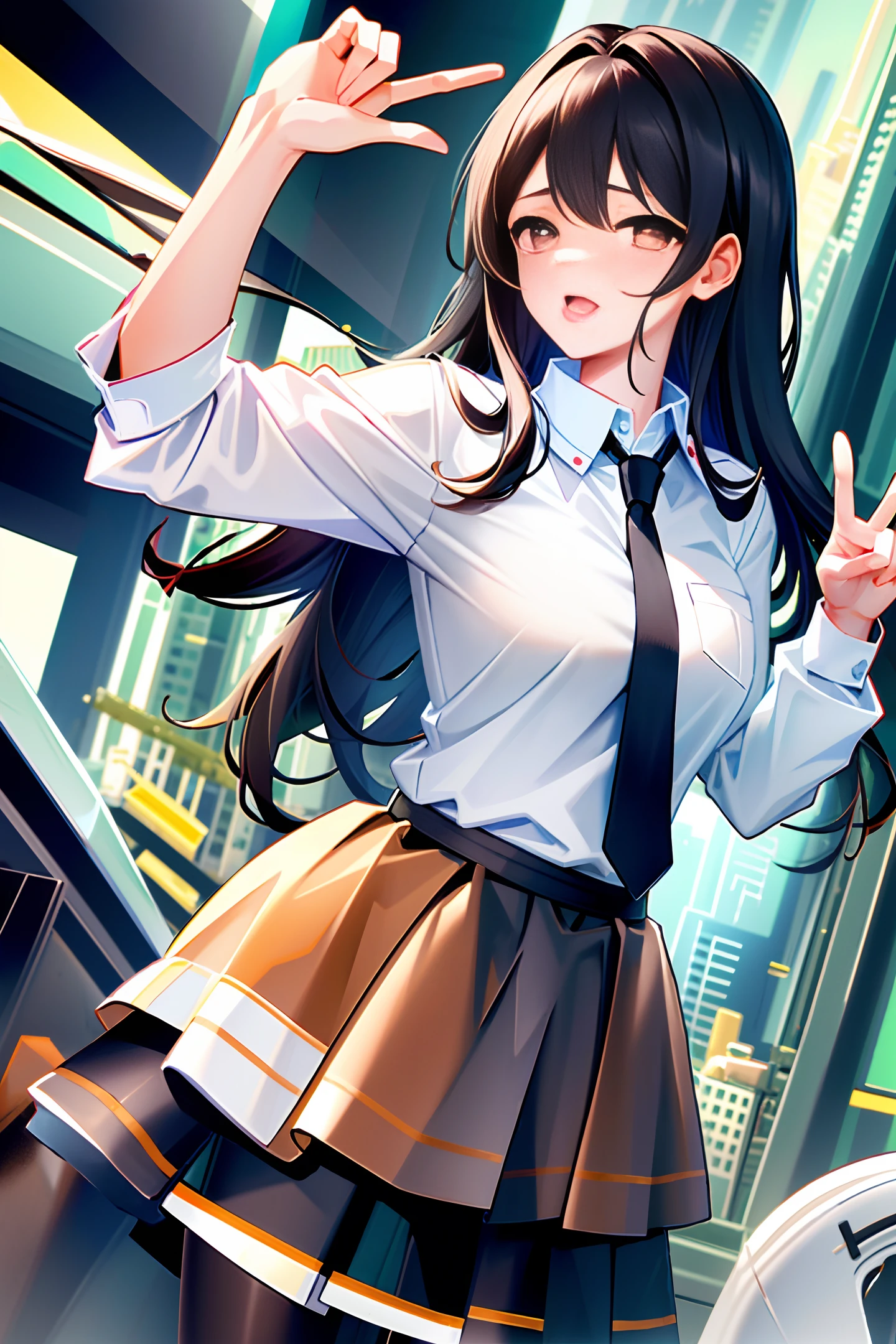 (sfw), (masterpiece:1.2), best quality, masterpiece, highres, original, extremely detailed wallpaper, (ultra-detailed), (best illustration), (best shadow), (Kobeni), big breasts, perky breasts, (white collared shirt), (blood stain:1.1), (horrified:1.2), (black necktie), (shirt stain), (stained), 1girl, looking at viewer, (scared:1.2), (tears:1.1), (brown eyes), (peace sign),tongue out, tongue, heart-shaped pupils