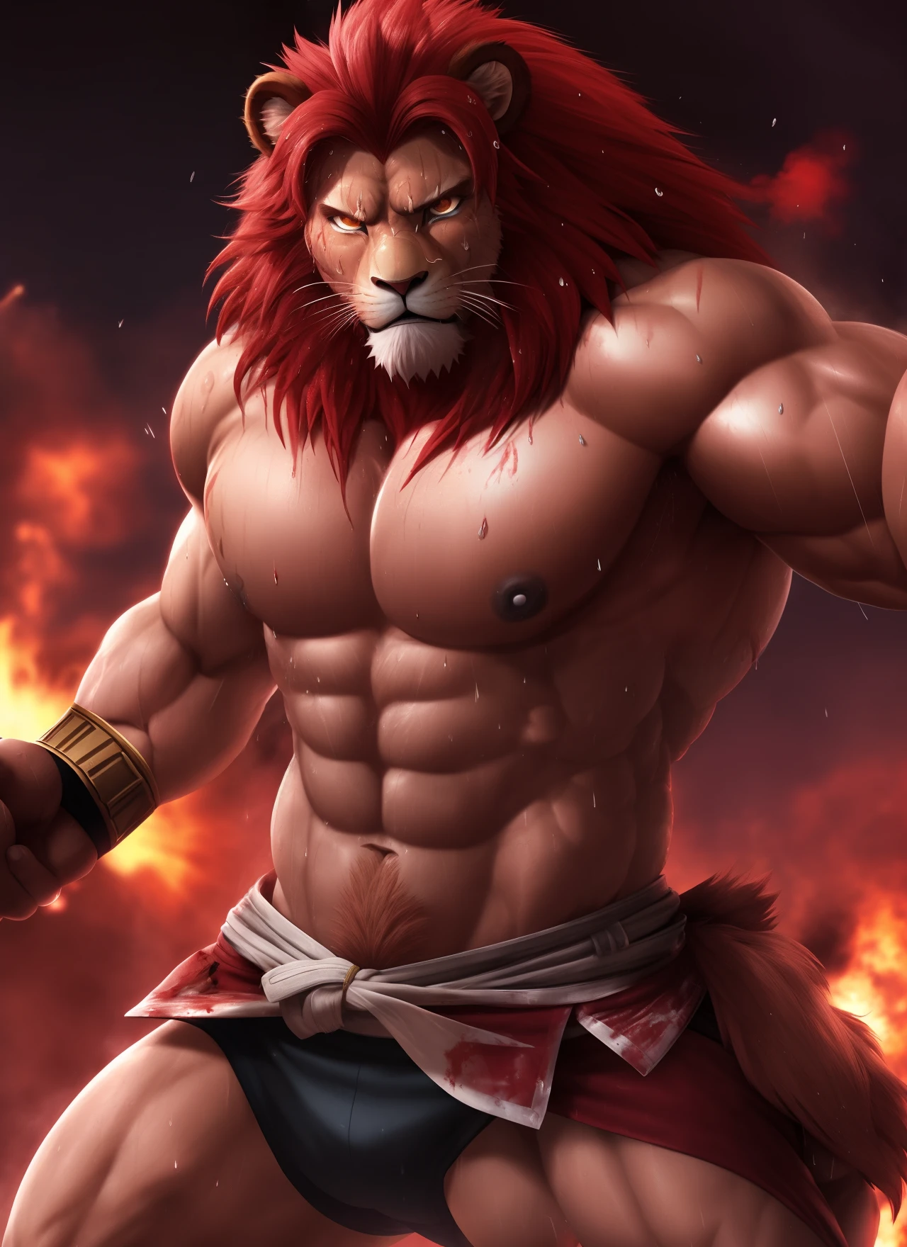 muscle, male, (lion head:1.0), furry, kemono, photo, realism, cgi, warrior, (fighting pose:1.2), tekken, eye glow, (sweat:1.3), dirt, nipple, red hair, (baki:1.2), blood splatter, teeth, (steam:1.0),