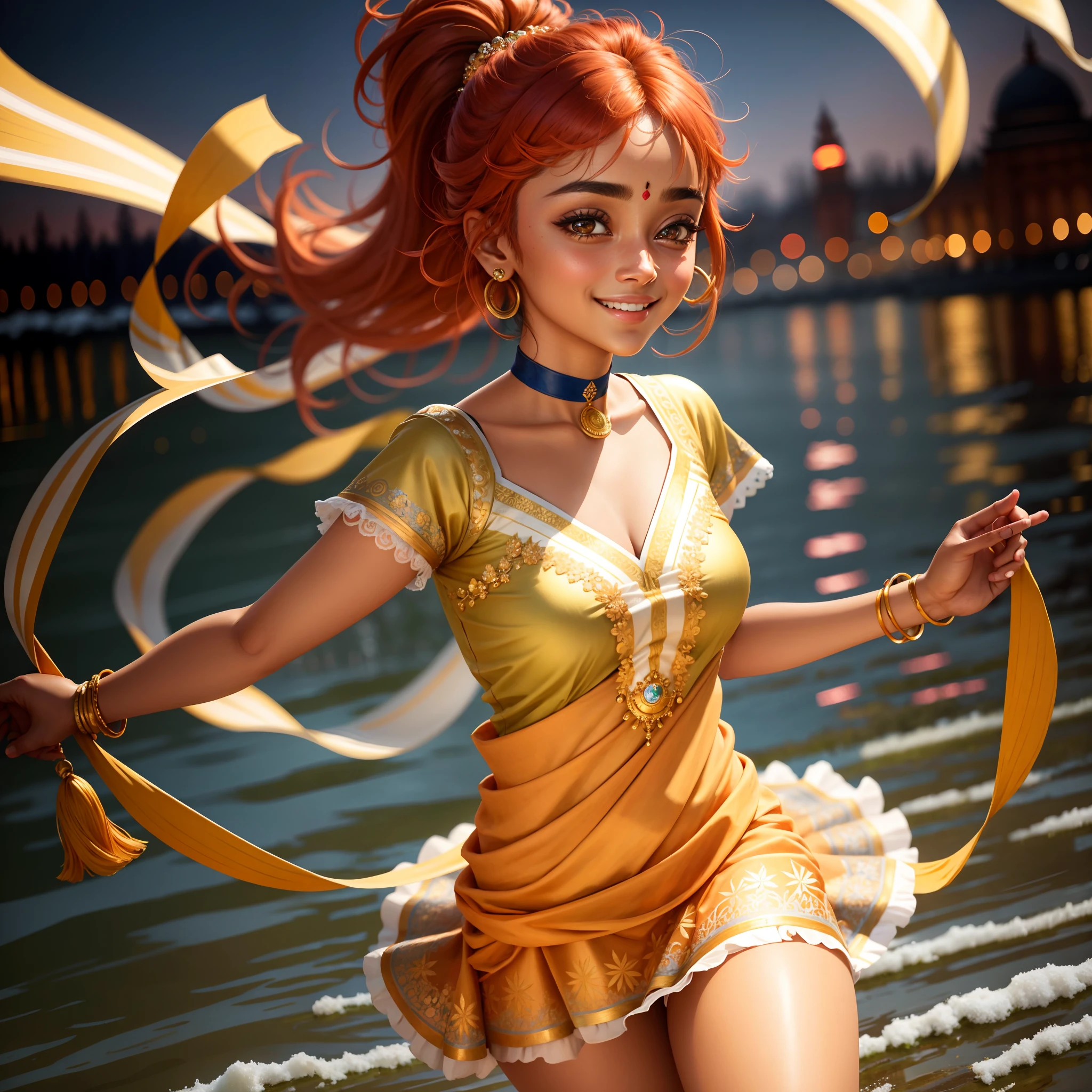 ultra-detailed, extremely detailed, masterpiece, highest quality, best quality, absurdres, highres, subsurface scattering, (1girl:1.5), (solo:1.4), (smile:1.1), red hair light blonde hair, asymmetrical hair, asymmetrical bangs, ponytail, medium bangs, hair between eyes, brown eyes, eyes reflections, detailed eyes, perfect eyes, rendered eyes, (looking at viewer:1.1), dynamic pose, dynamic angle, full body, detailed skin, skin pores, shiny skin, glossy skin, (skindentation:1.2), hair flow, idol, lush dress, intricate clothes, small choker, panties, winter, night, outdoors, college, campus, city, (water:0.8), (detailed background:1.2), (intricate background:1.2), depth of field,india, Hinduism, indian clothes, a close up portrait photo of beautiful  Shriya Saran ,Shriya Saran
