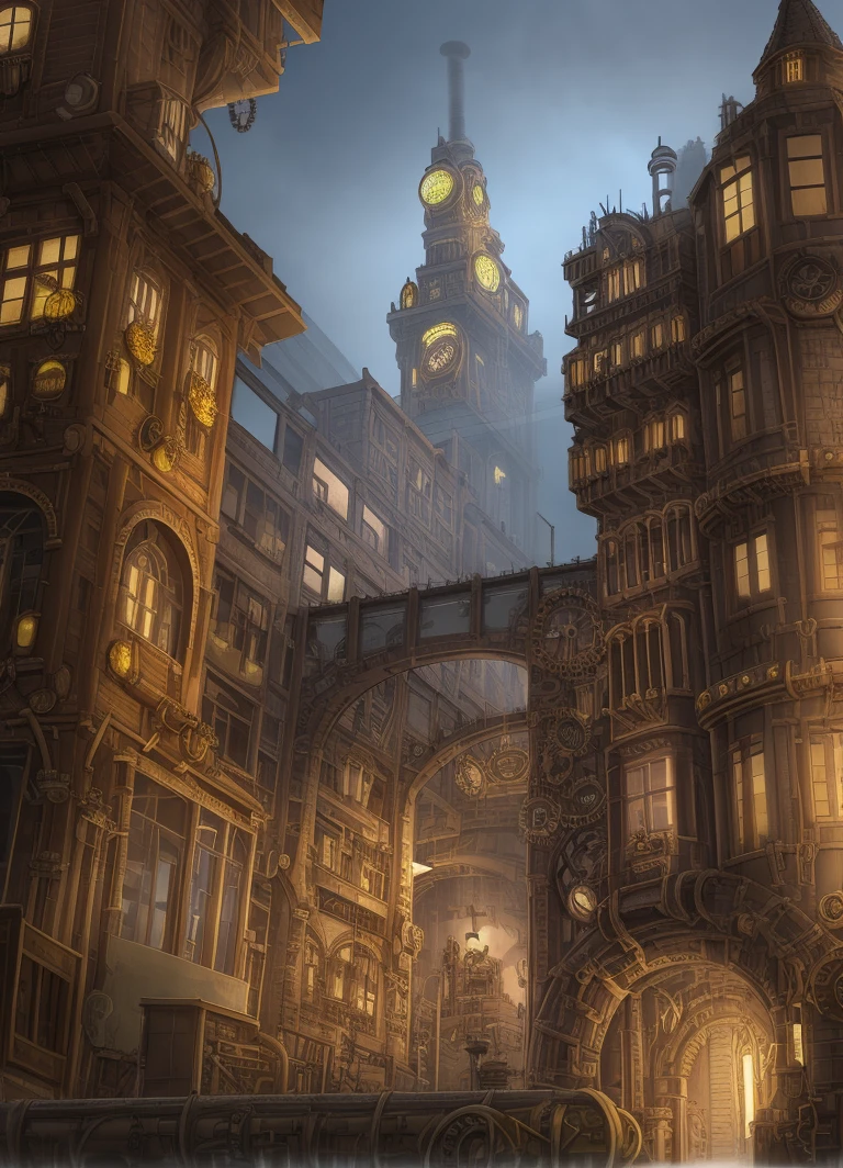 (((steampunk))),city,(((densely packed buildings)))，Exposed gears and pipes,(((dim light))),submerged ground,((gears)),((pipes)),The building is connected by a covered bridge,The perspective is from the bottom up, reflecting the height of the building