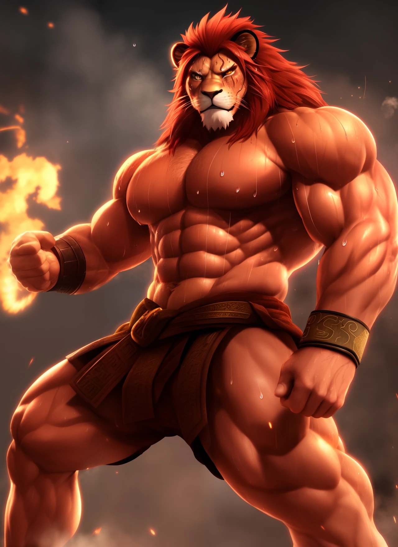 muscle, male, (lion head:1.0), furry, kemono, photo, realism, cgi, warrior, (fighting pose:1.2), tekken, eye glow, (sweat:1.3), dirt, nipple, red hair, (baki:1.2), teeth, (steam:1.0),