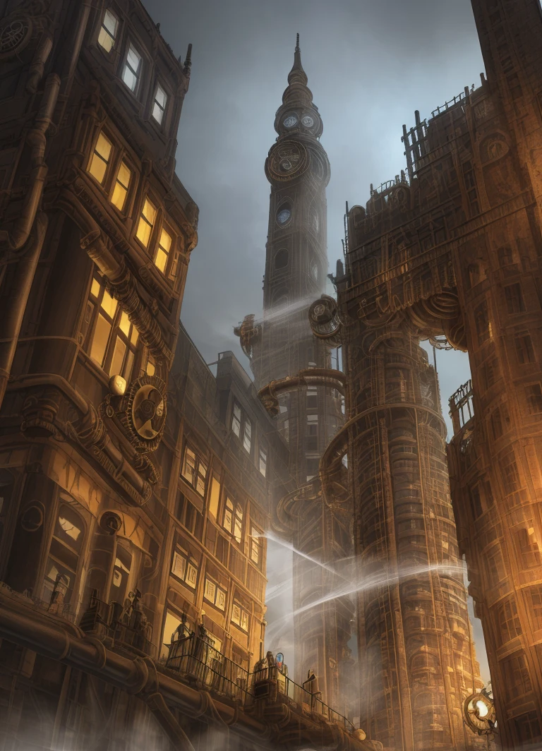 (((steampunk))),city,(((densely packed buildings)))，Exposed gears and pipes,(((dim light))),submerged ground,((gears)),((thick pipes)),The building is connected by a covered bridge,The perspective is from the bottom up, reflecting the height of the building,dark weather,smoking chimneys