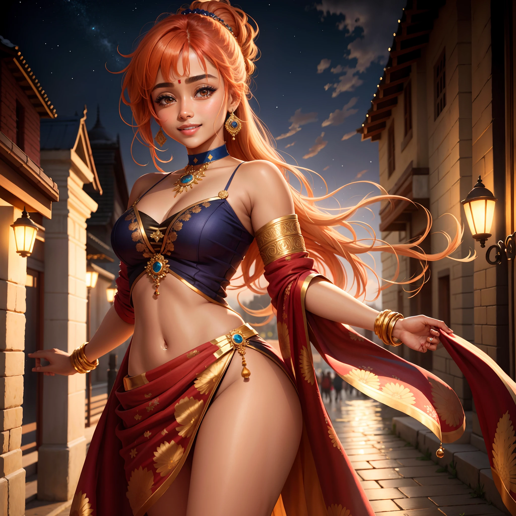ultra-detailed, extremely detailed, masterpiece, highest quality, best quality, absurdres, highres, subsurface scattering, (1girl:1.5), (solo:1.4), (smile:1.1), red hair light blonde hair, asymmetrical hair, asymmetrical bangs, ponytail, medium bangs, hair between eyes, brown eyes, eyes reflections, detailed eyes, perfect eyes, rendered eyes, (looking at viewer:1.1), dynamic pose, dynamic angle, full body, detailed skin, skin pores, shiny skin, glossy skin, (skindentation:1.2), hair flow, idol, lush dress, intricate clothes, small choker, panties, winter, night, outdoors, college, campus, city, (water:0.8), (detailed background:1.2), (intricate background:1.2), depth of field,india, Hinduism, indian clothes, a close up portrait photo of beautiful Shriya Saran ,Shriya Saran