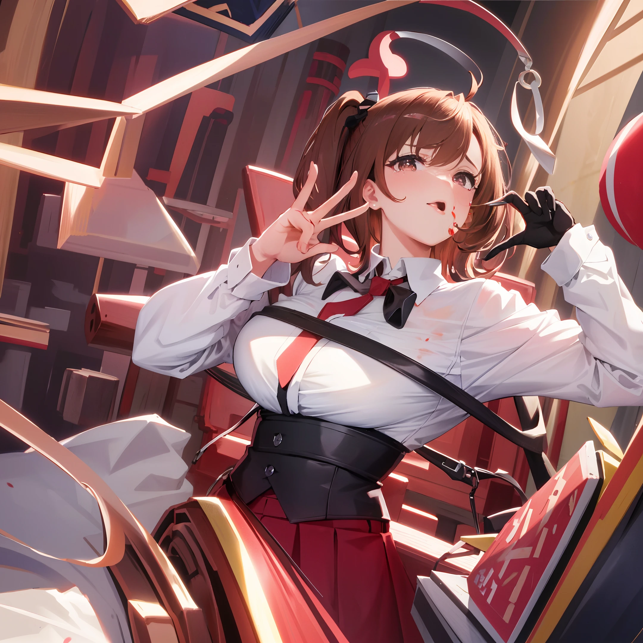 heart-shaped pupils,(sfw), (masterpiece:1.2), best quality, masterpiece, highres, original, extremely detailed wallpaper, (ultra-detailed), (best illustration), (best shadow), (Kobeni), big breasts, perky breasts, (white collared shirt), (blood stain:1.1), (horrified:1.2), (black necktie), (shirt stain), (stained), 1girl, looking at viewer, (scared:1.2), (tears:1.1), (brown eyes), (peace sign),tongue out, tongue, heart-shaped pupils
