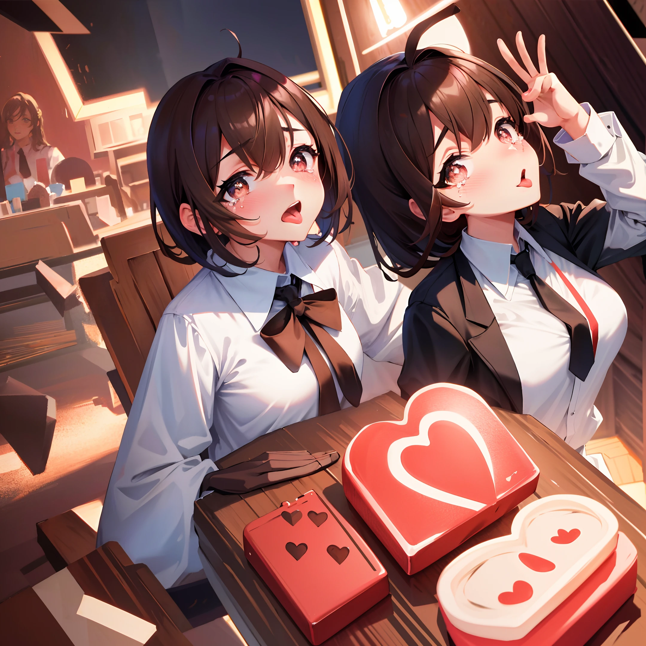 heart-shaped pupils,(sfw), (masterpiece:1.2), best quality, masterpiece, highres, original, extremely detailed wallpaper, (ultra-detailed), (best illustration), (best shadow), (Kobeni), big breasts, perky breasts, (white collared shirt), (blood stain:1.1), (horrified:1.2), (black necktie), (shirt stain), (stained), 1girl, looking at viewer, (scared:1.2), (tears:1.1), (brown eyes), (peace sign),tongue out, tongue, heart-shaped pupils