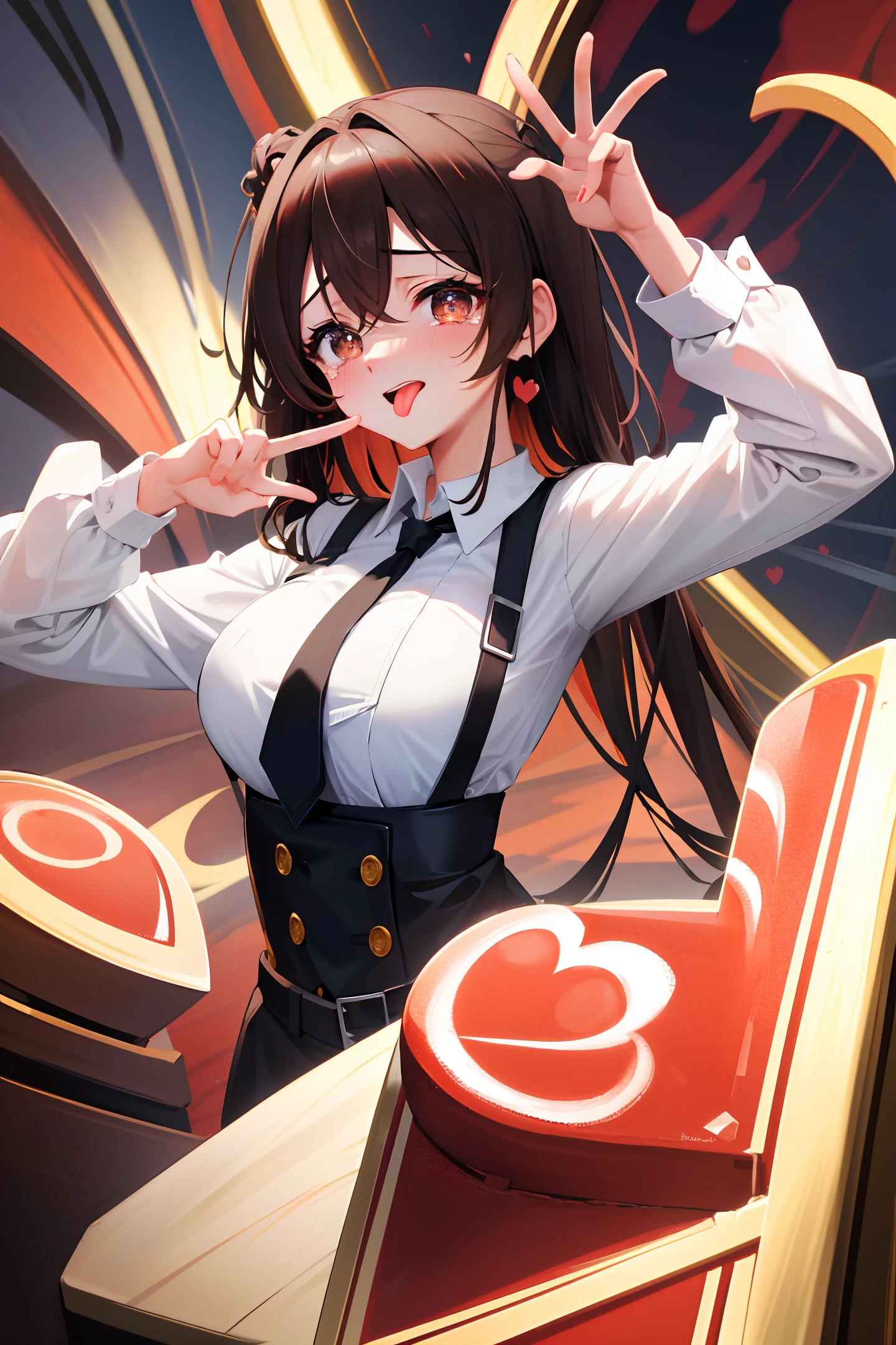 heart-shaped pupils,(sfw), (masterpiece:1.2), best quality, masterpiece, highres, original, extremely detailed wallpaper, (ultra-detailed), (best illustration), (best shadow), (Kobeni), big breasts, perky breasts, (white collared shirt), (blood stain:1.1), (horrified:1.2), (black necktie), (shirt stain), (stained), 1girl, looking at viewer, (scared:1.2), (tears:1.1), (brown eyes), (peace sign),tongue out, tongue, heart-shaped pupils