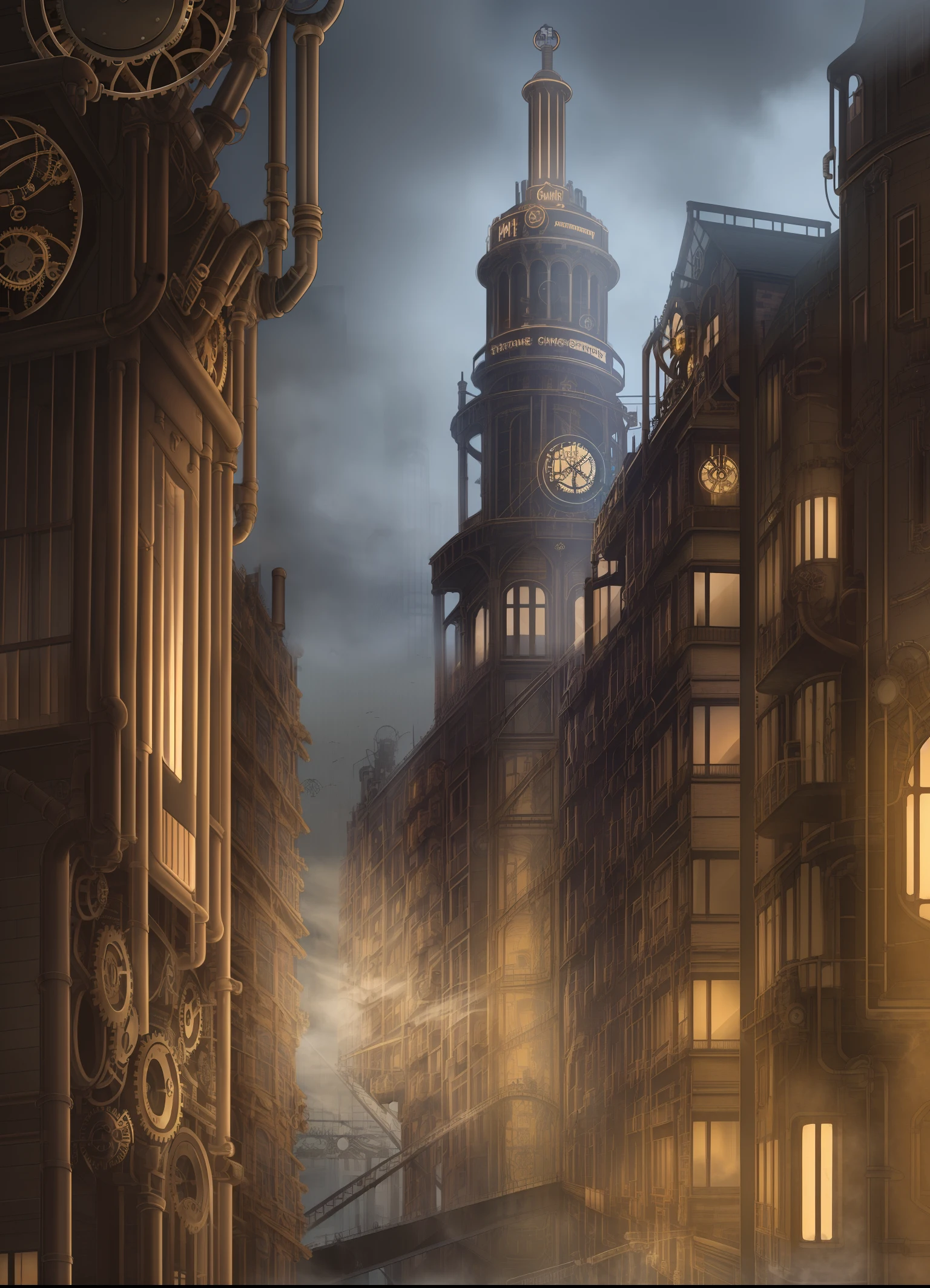 (((steampunk))),city,(((crowded buildings)))，Exposed gears and pipes,(((dim light))),submerged ground,((gears)),((thick pipes)),The building is connected by a covered bridge,The perspective is from the bottom up, reflecting the height of the building,dark weather,smoking chimneys