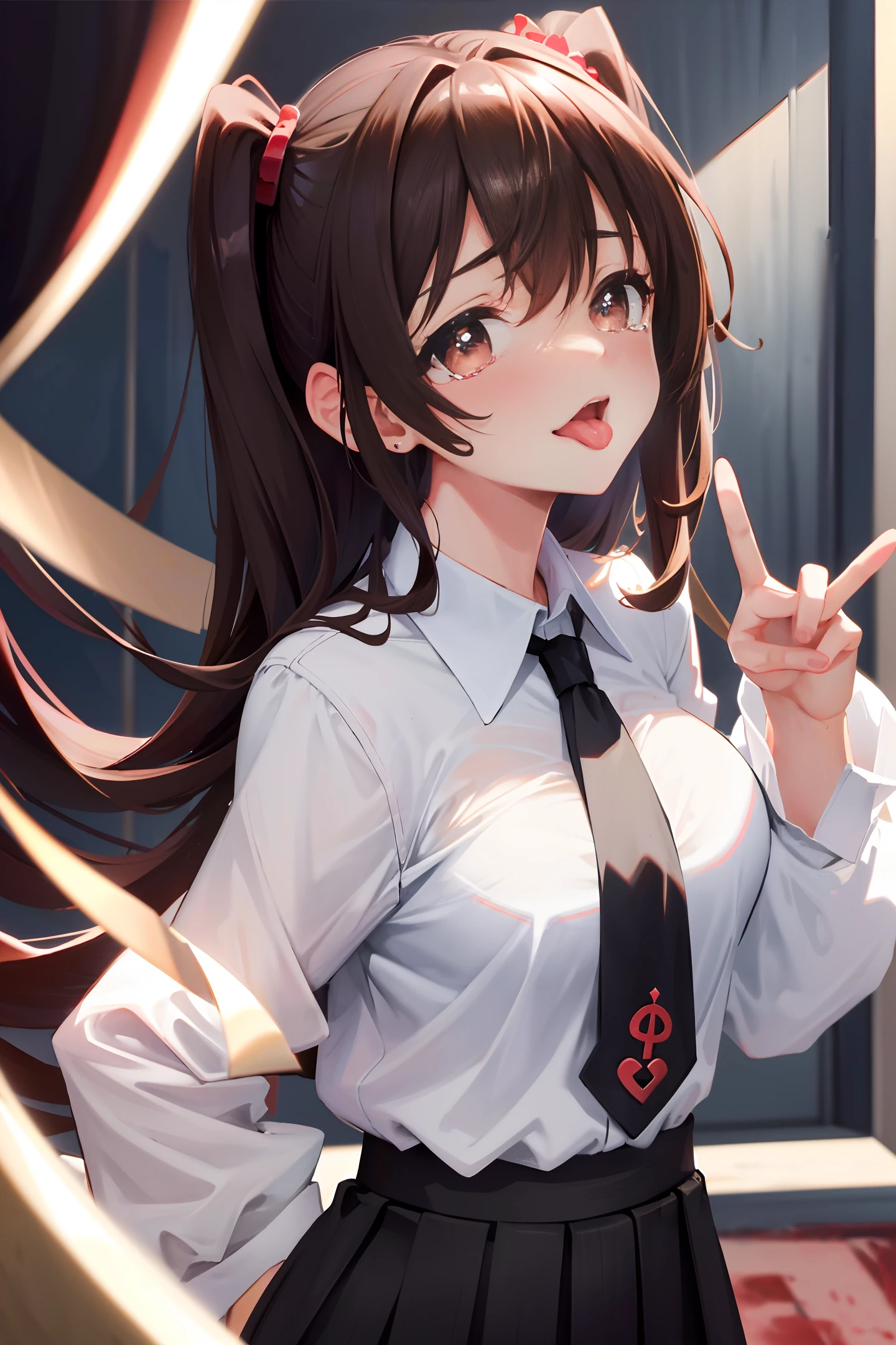 heart-shaped pupils,(sfw), (masterpiece:1.2), best quality, masterpiece, highres, original, extremely detailed wallpaper, (ultra-detailed), (best illustration), (best shadow), (Kobeni), big breasts, perky breasts, (white collared shirt), (blood stain:1.1), (horrified:1.2), (black necktie), (shirt stain), (stained), 1girl, looking at viewer, (scared:1.2), (tears:1.1), (brown eyes), (peace sign),tongue out, tongue, heart-shaped pupils