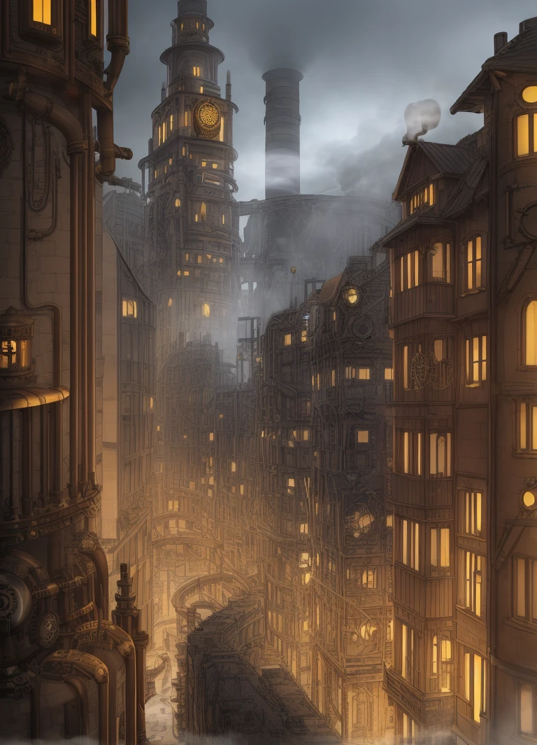 (((steampunk))),city,(((crowded buildings)))，Exposed gears and pipes,(((dim light))),submerged ground,((gears)),((thick pipes)),The building is connected by a covered bridge,The perspective is from the bottom up, reflecting the height of the building,dark weather,smoking chimneys