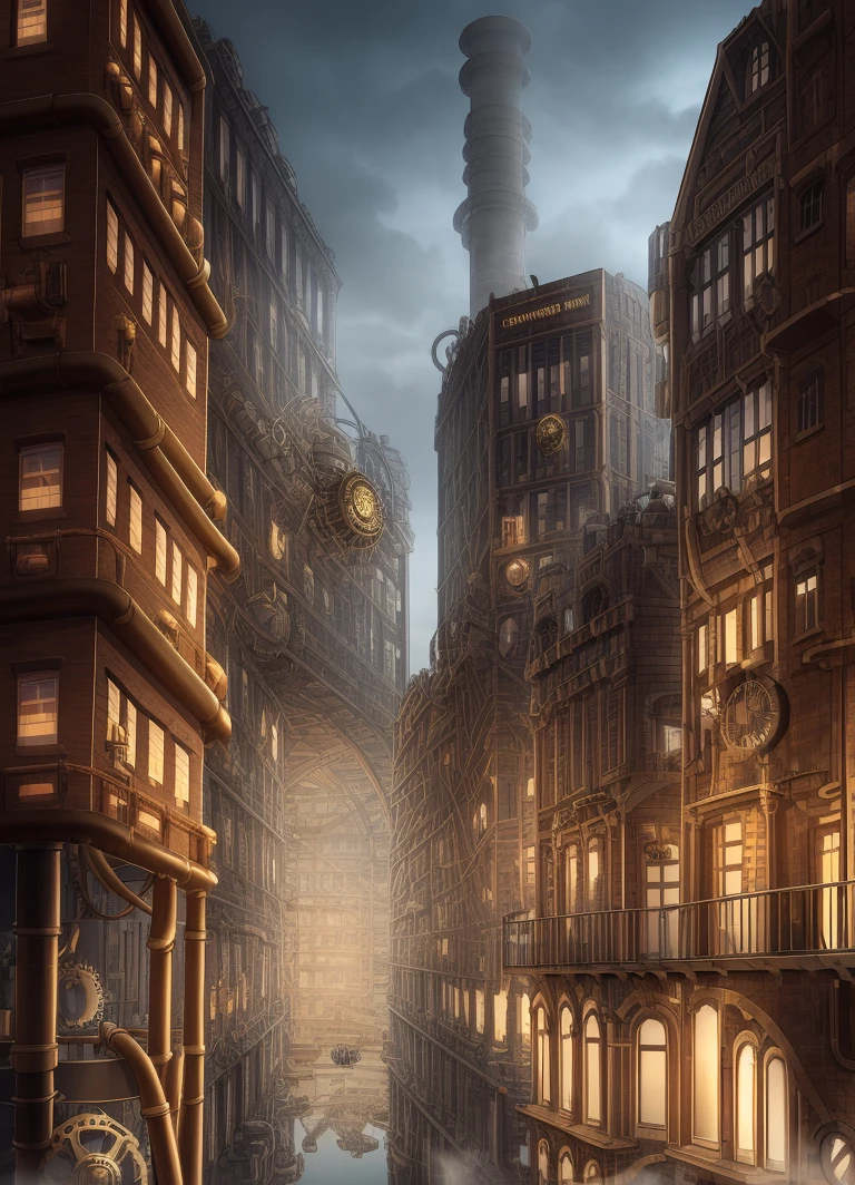 (((steampunk))),city,(((crowded buildings)))，Exposed gears and pipes,(((dim light))),submerged ground,((gears)),((thick pipes)),The building is connected by a covered bridge,The perspective is from the bottom up, reflecting the height of the building,dark weather,smoking chimneys