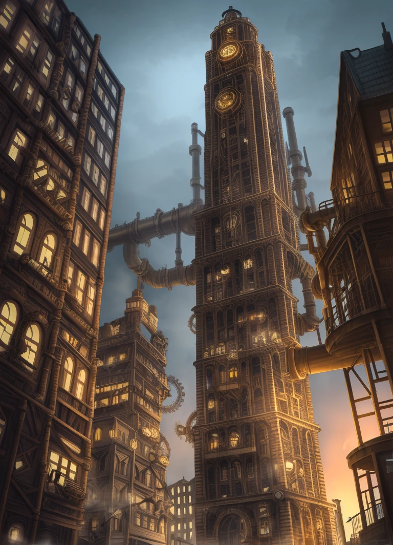 (((steampunk))),city,(((crowded buildings))),Exposed gears and pipes,(((dim light))),submerged ground,((gears)),((thick pipes)),covered bridge,The perspective is from the bottom up, reflecting the height of the building,dark weather,smoking chimneys,mechanical devices