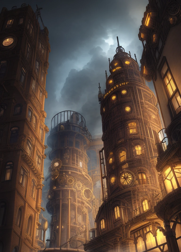 (((steampunk))),city,(((crowded buildings))),Exposed gears and pipes,(((dim light))),submerged ground,((gears)),((thick pipes)),covered bridge,The perspective is from the bottom up, reflecting the height of the building,dark weather,smoking chimneys,(((mechanical devices))),((staggered wires))